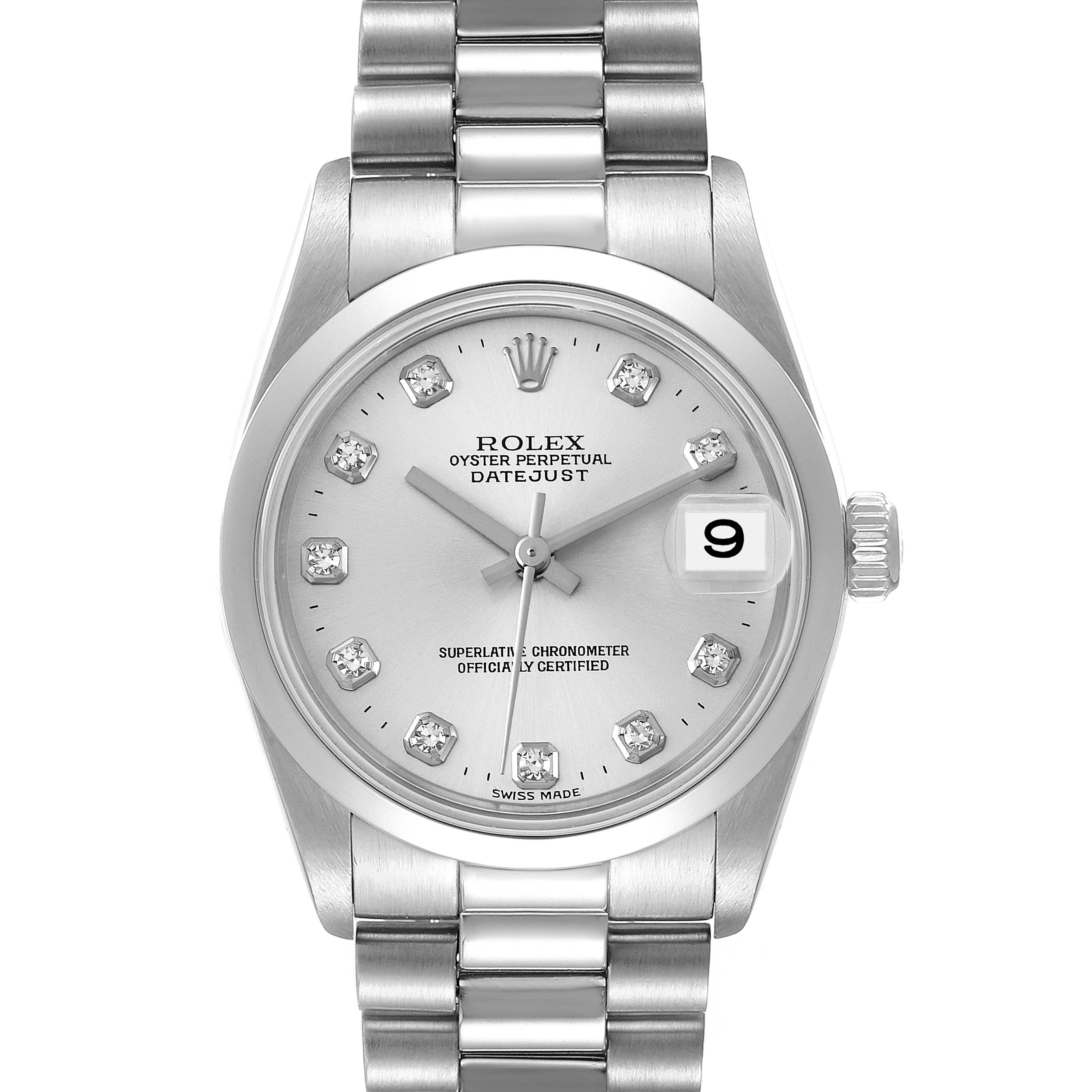 The image shows a Rolex President 78246 Women
s Platinum Silver Dial 78246 Women
s Platinum Silver Dial model watch from a front angle, featuring the dial, hands, date, and bracelet.