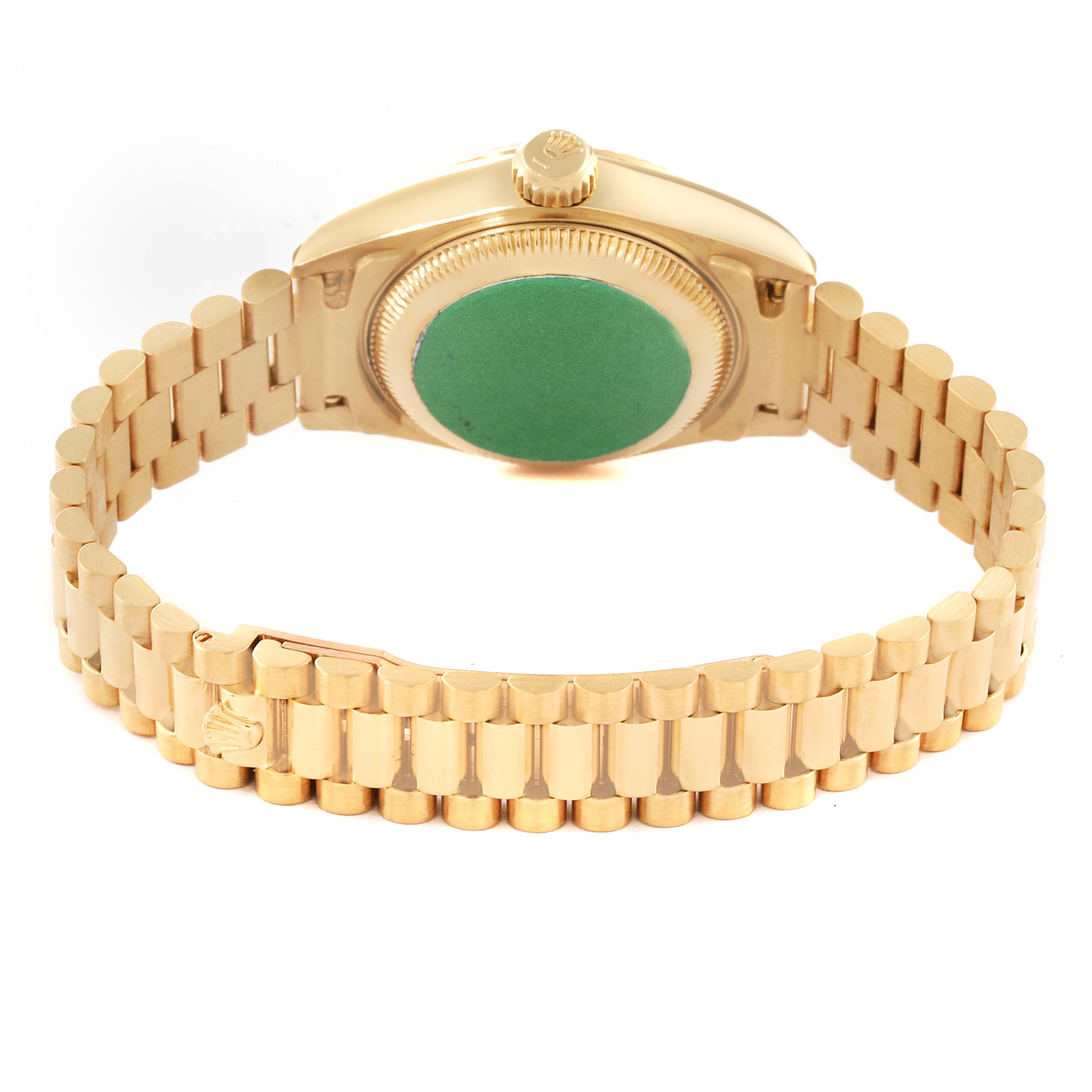 The image shows the back case and bracelet of a Rolex President 69178 Women's Yellow Gold Champagne Dial 69178 Women's Yellow Gold Champagne Dial model watch, viewed from behind.