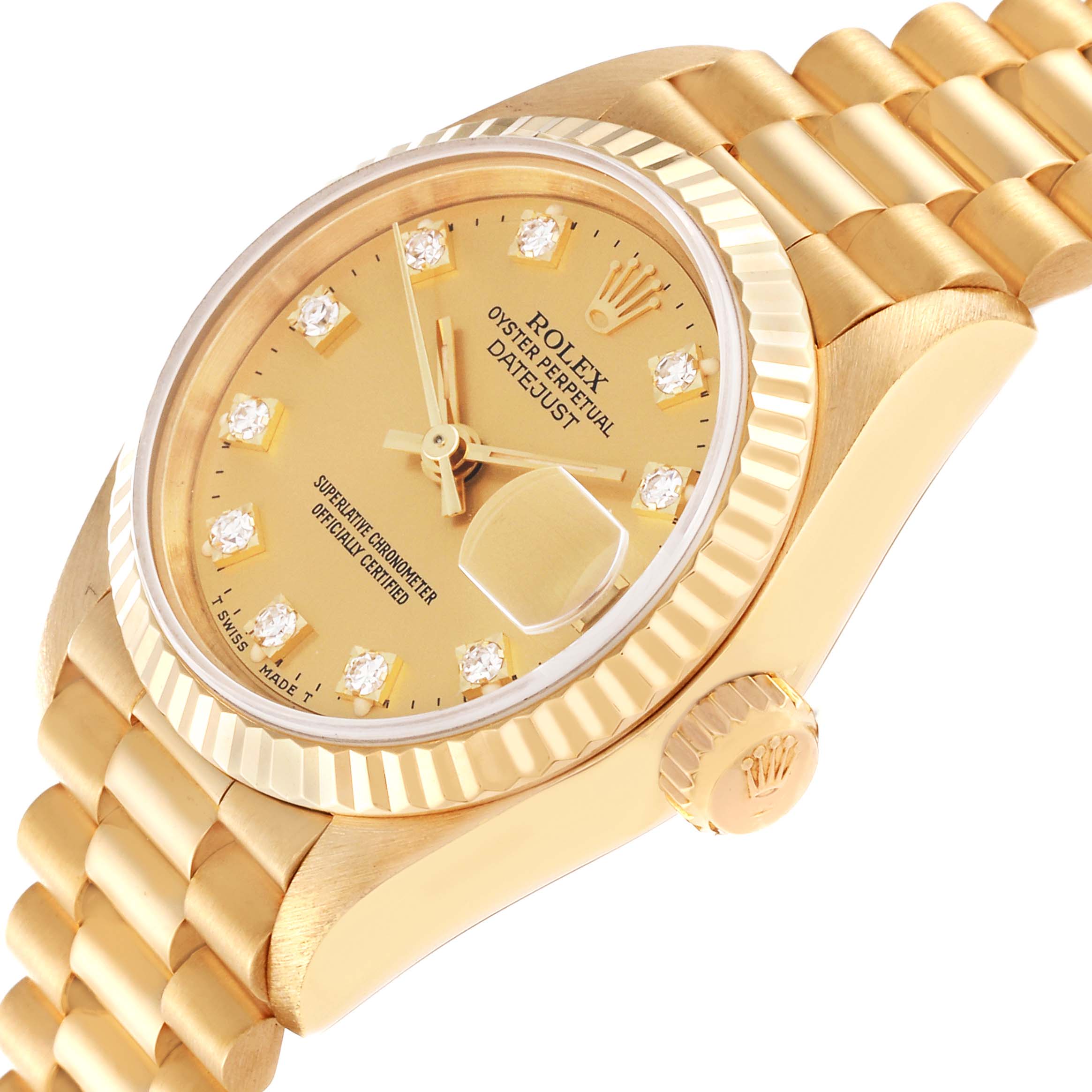 The Rolex President 69178 Women's Yellow Gold Champagne Dial 69178 Women's Yellow Gold Champagne Dial model watch is shown at an angled view, highlighting the gold case, dial with diamond markers, bezel, and part of the bracelet.