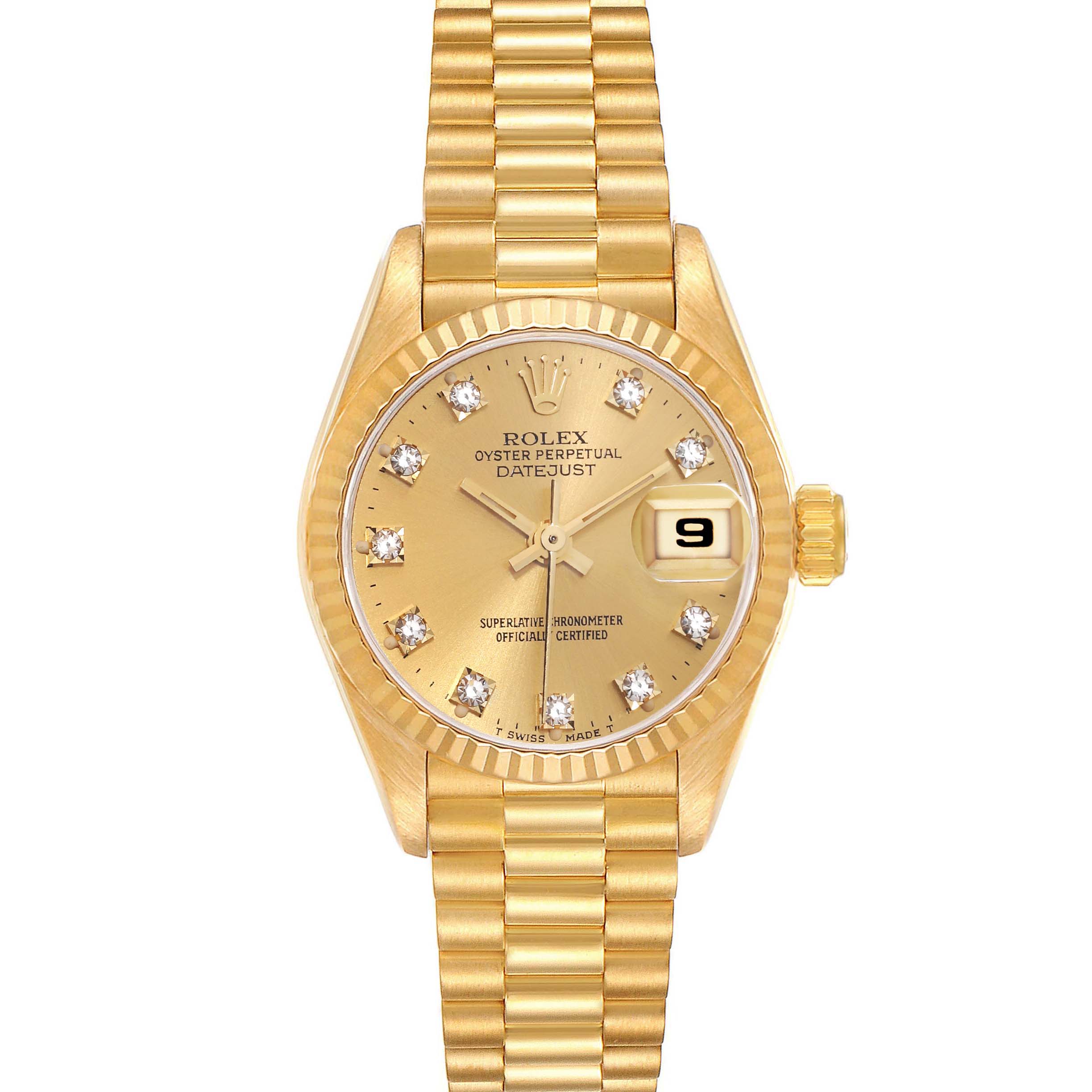 This is a front view of the Rolex President 69178 Women's Yellow Gold Champagne Dial 69178 Women's Yellow Gold Champagne Dial model watch, showcasing the dial, bezel, and bracelet.