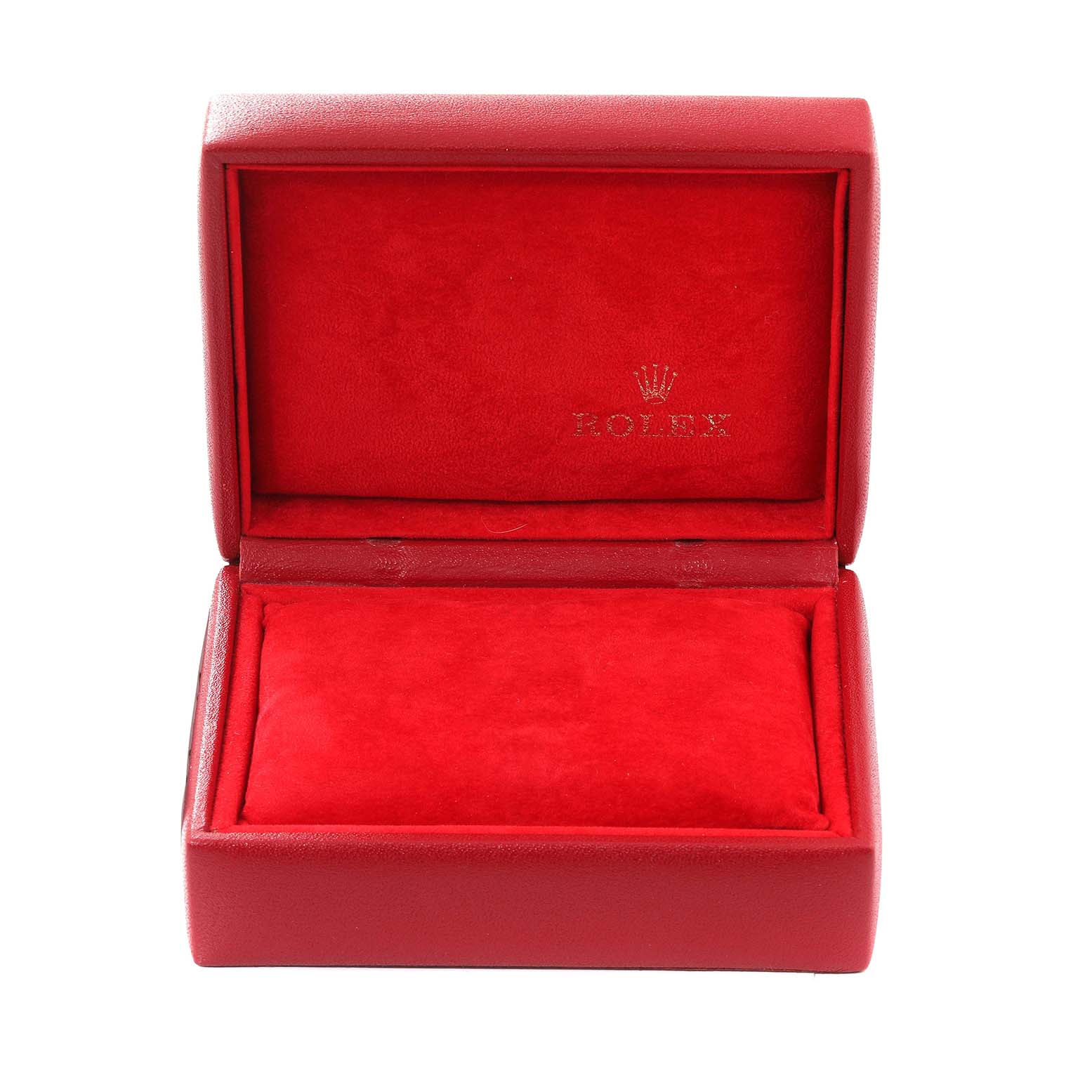 This image shows an open red box with a red interior for the Rolex President 69178 Women's Yellow Gold Champagne Dial 69178 Women's Yellow Gold Champagne Dial model watch.