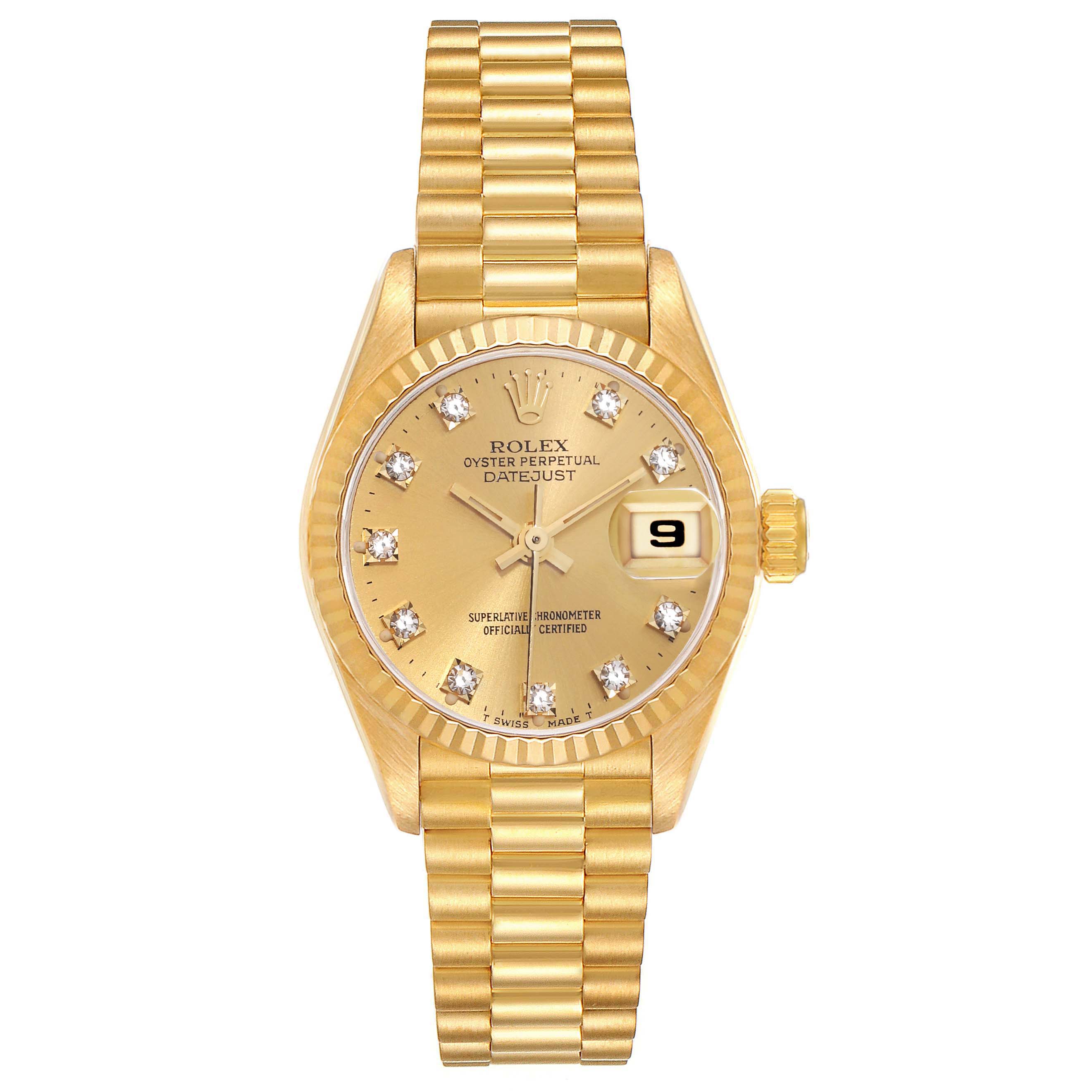 The image shows a front view of the Rolex President 69178 Women's Yellow Gold Champagne Dial 69178 Women's Yellow Gold Champagne Dial model watch with its gold bracelet, dial, and date display.