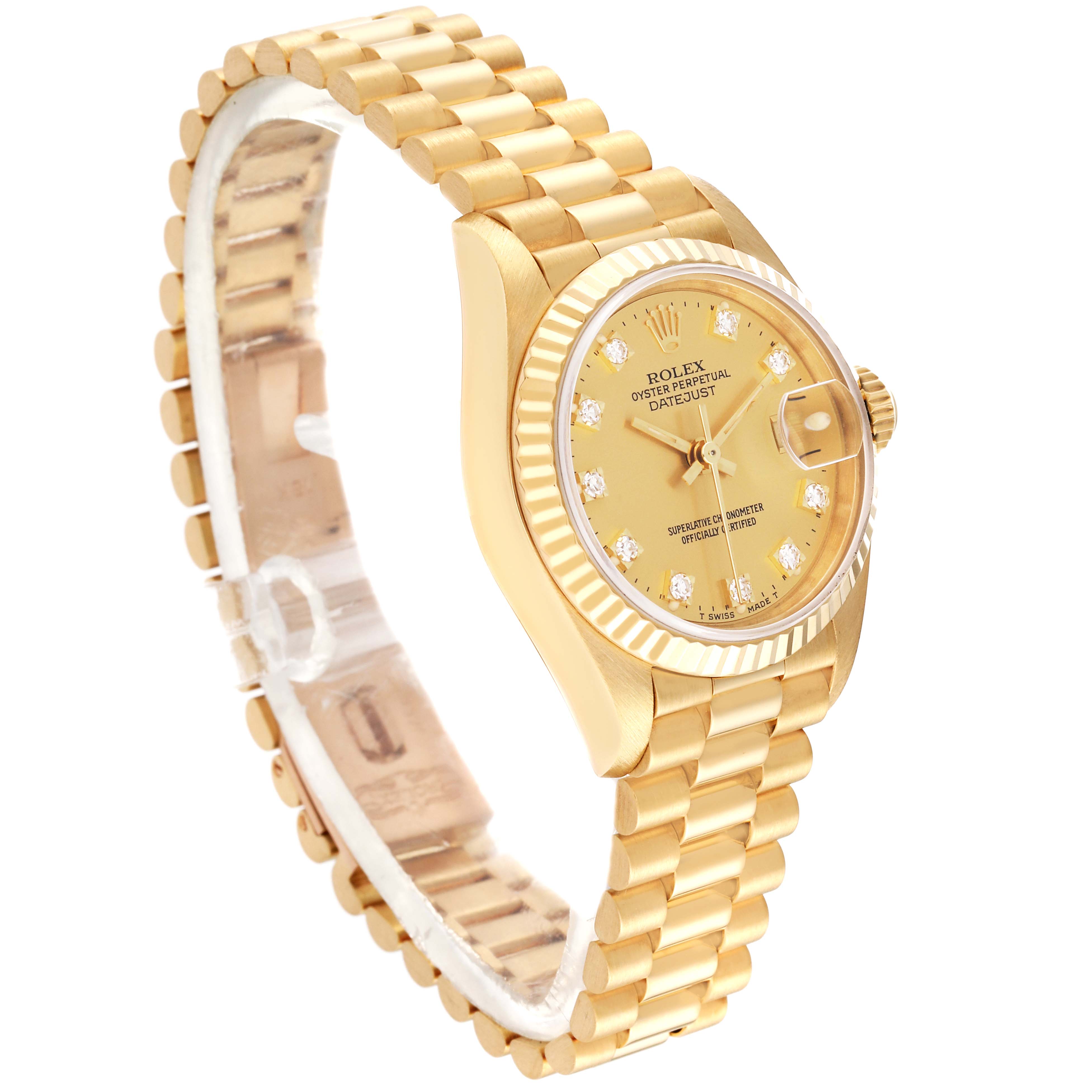 The Rolex President 69178 Women's Yellow Gold Champagne Dial 69178 Women's Yellow Gold Champagne Dial watch is shown at an angled side view, displaying its gold bracelet and diamond hour markers.