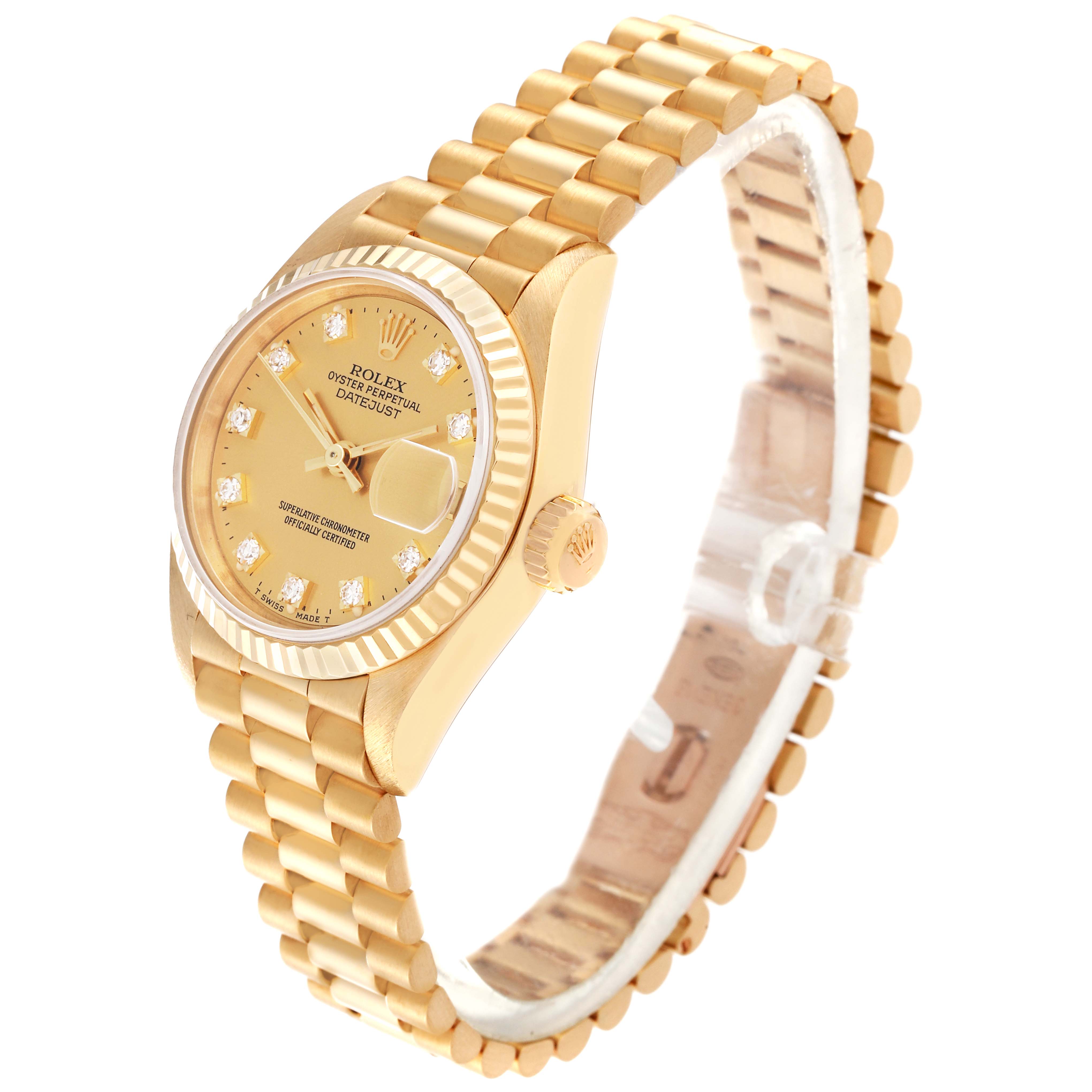 The image shows a side angle view of a Rolex President 69178 Women's Yellow Gold Champagne Dial 69178 Women's Yellow Gold Champagne Dial model watch, highlighting its dial, case, crown, and bracelet.