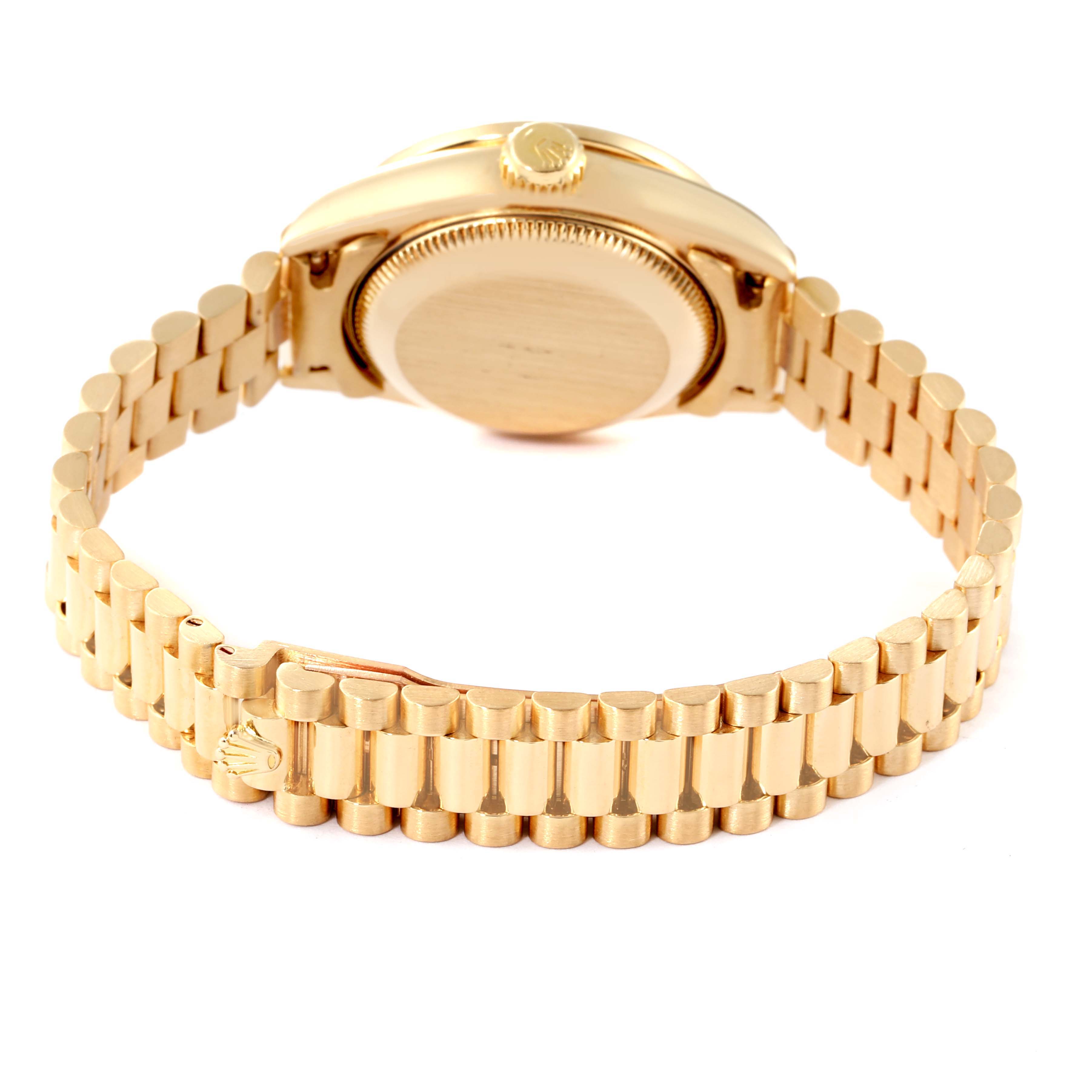 The image shows the back and bracelet of a Rolex President 69138 Women
s Yellow Gold Champagne Dial 69138 Women
s Yellow Gold Champagne Dial model watch.