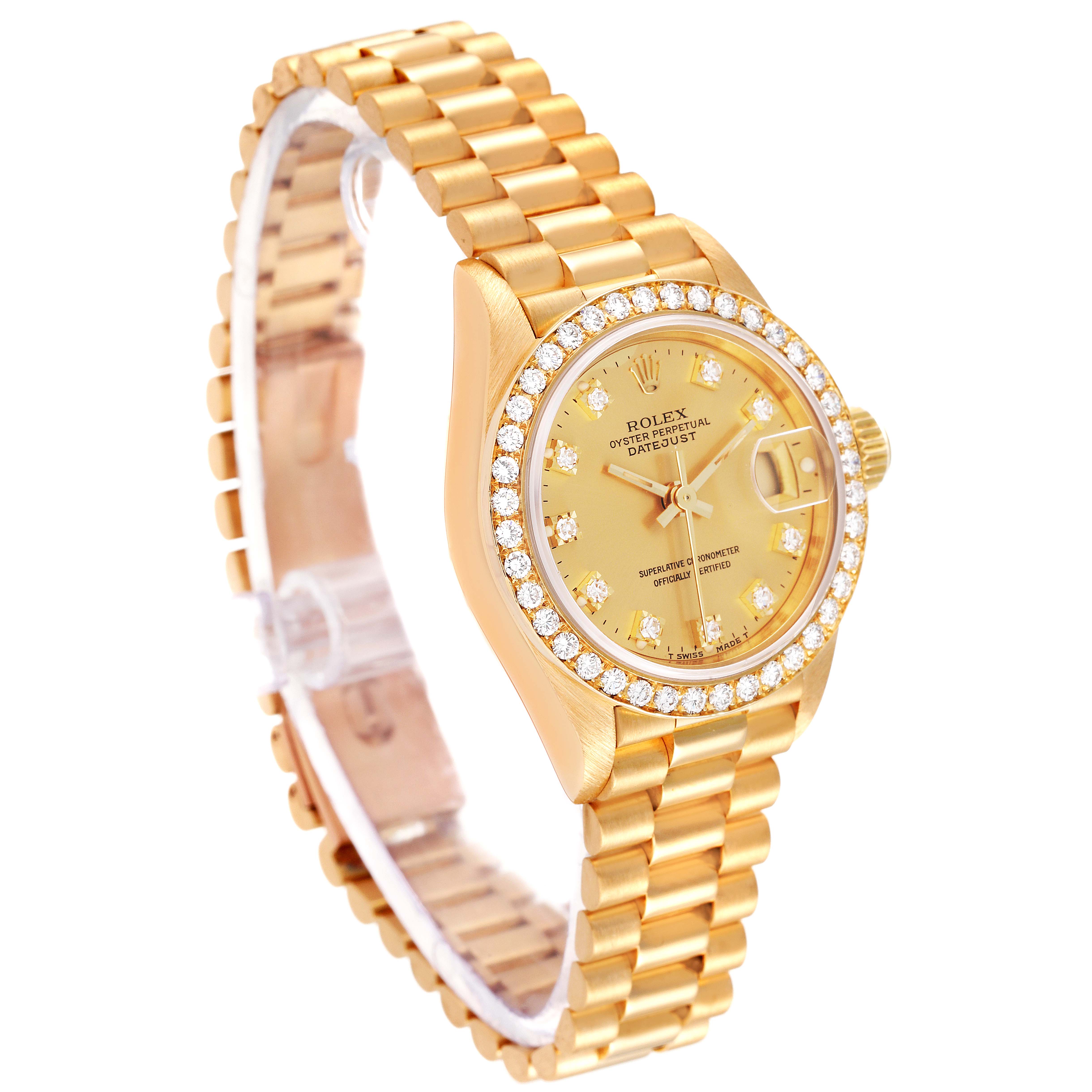 The image shows an angled view of a Rolex President 69138 Women
s Yellow Gold Champagne Dial 69138 Women
s Yellow Gold Champagne Dial model watch, highlighting the gold band, diamond bezel, and dial.