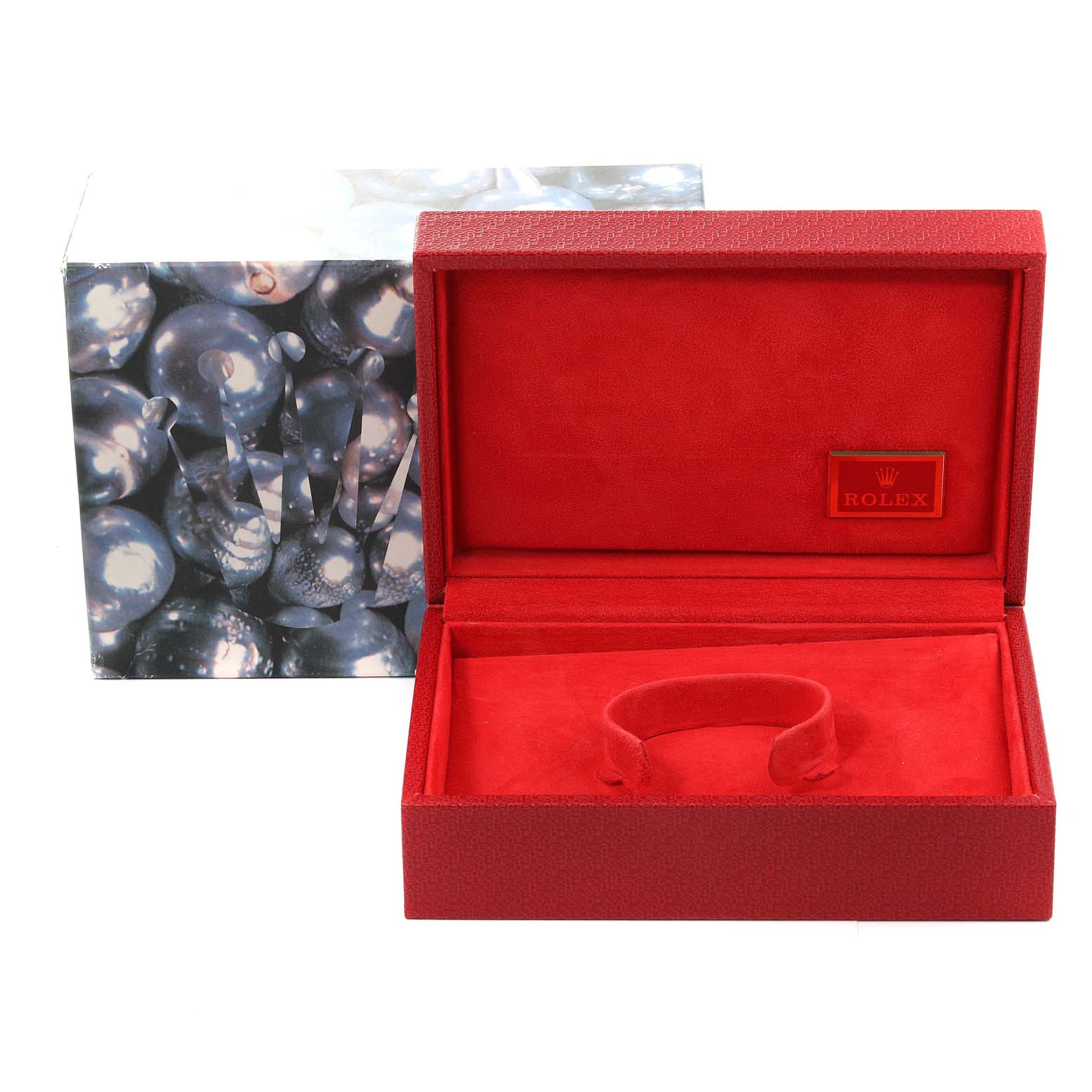 This image shows a Rolex President 69138 Women
s Yellow Gold Champagne Dial 69138 Women
s Yellow Gold Champagne Dial model watch box in red with an external decorative case.