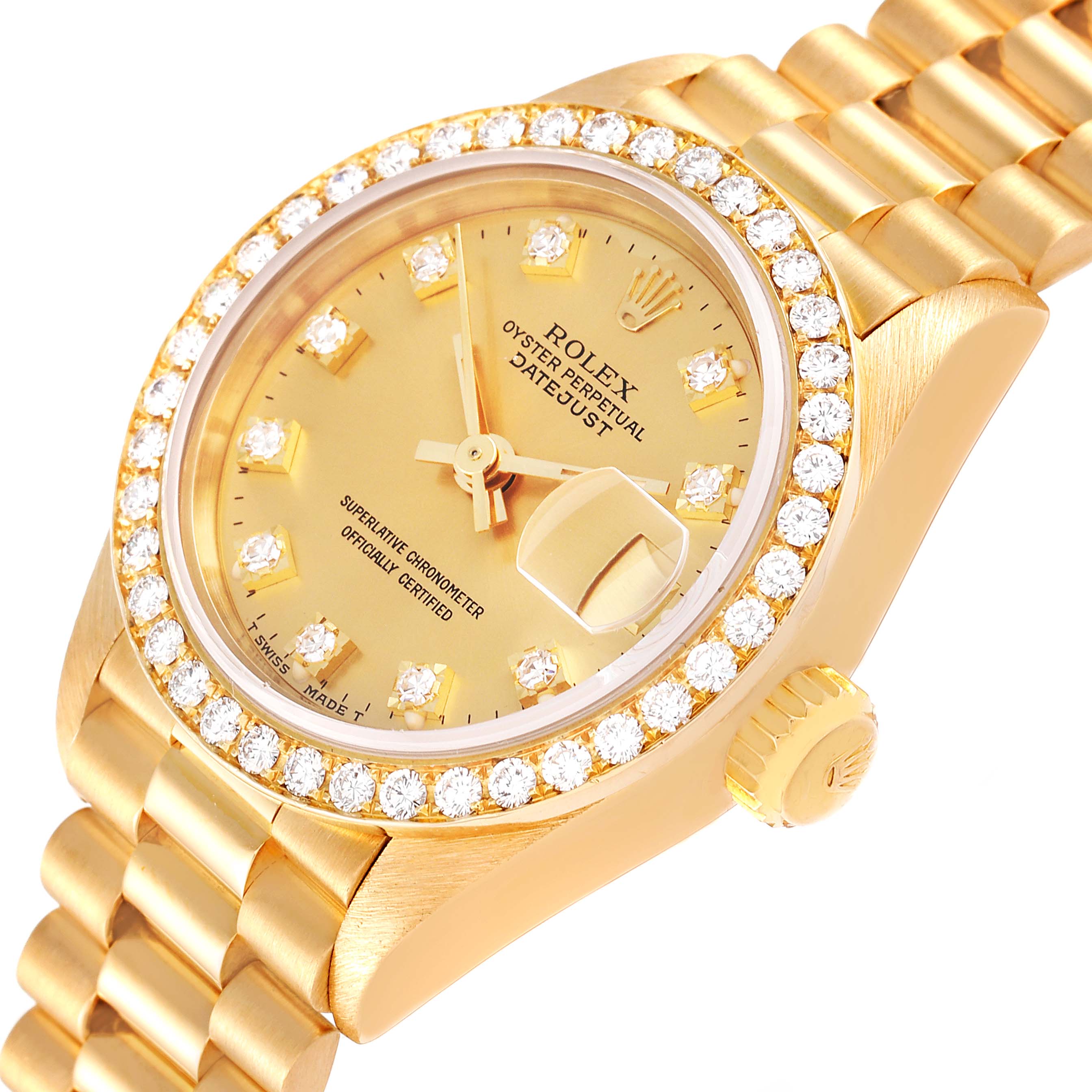 The image shows a side angle of the Rolex President 69138 Women
s Yellow Gold Champagne Dial 69138 Women
s Yellow Gold Champagne Dial watch, highlighting its gold bezel, diamond markers, and bracelet.