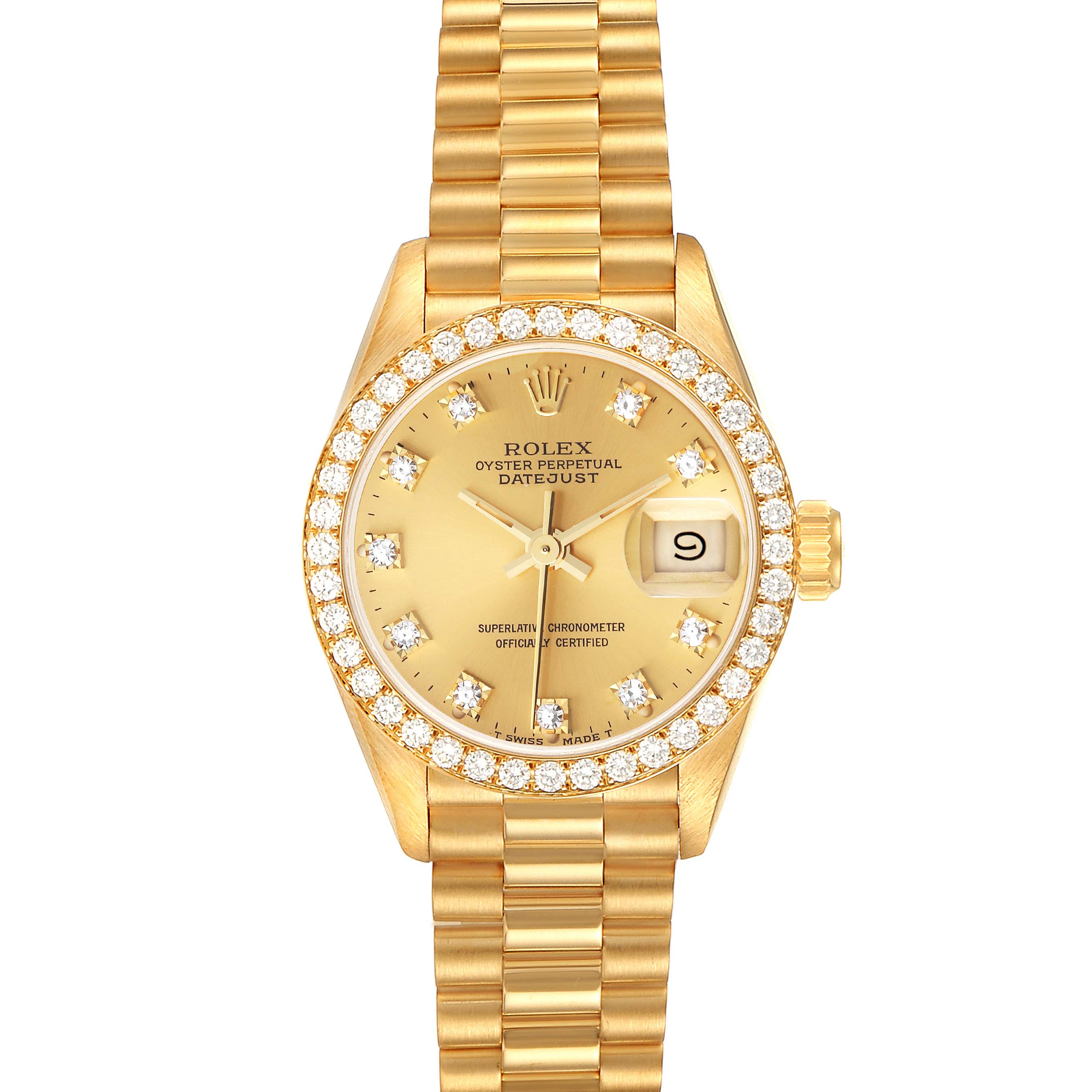This image shows a Rolex President 69138 Women
s Yellow Gold Champagne Dial 69138 Women
s Yellow Gold Champagne Dial model watch from the front, featuring its band, bezel, dial, and date window.