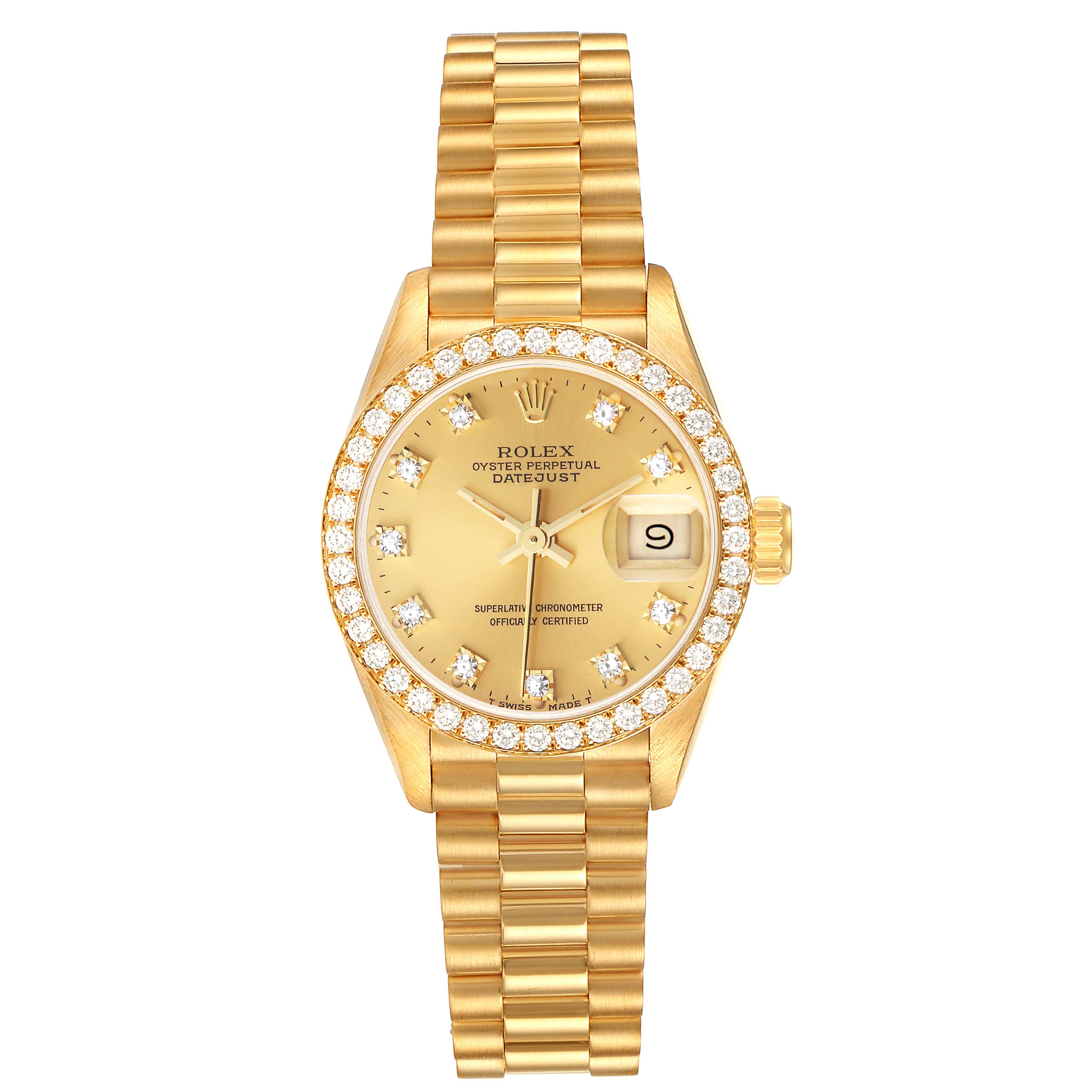 The Rolex President 69138 Women
s Yellow Gold Champagne Dial 69138 Women
s Yellow Gold Champagne Dial model watch is shown from a top-down angle, displaying its face, bezel, and bracelet.