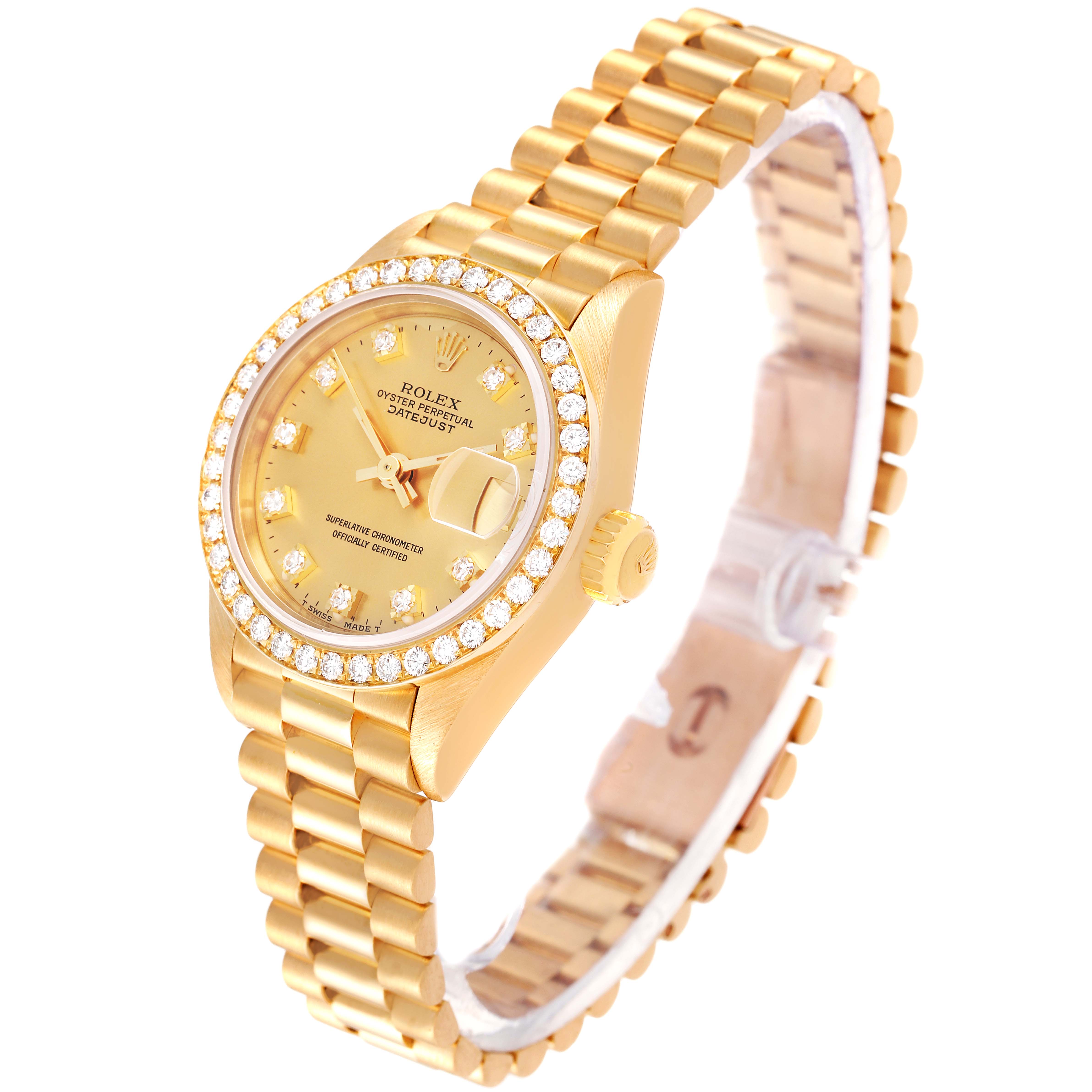 The watch, a Rolex President 69138 Women
s Yellow Gold Champagne Dial 69138 Women
s Yellow Gold Champagne Dial model, is shown at a three-quarter angle, highlighting its bezel, dial, bracelet, and crown.