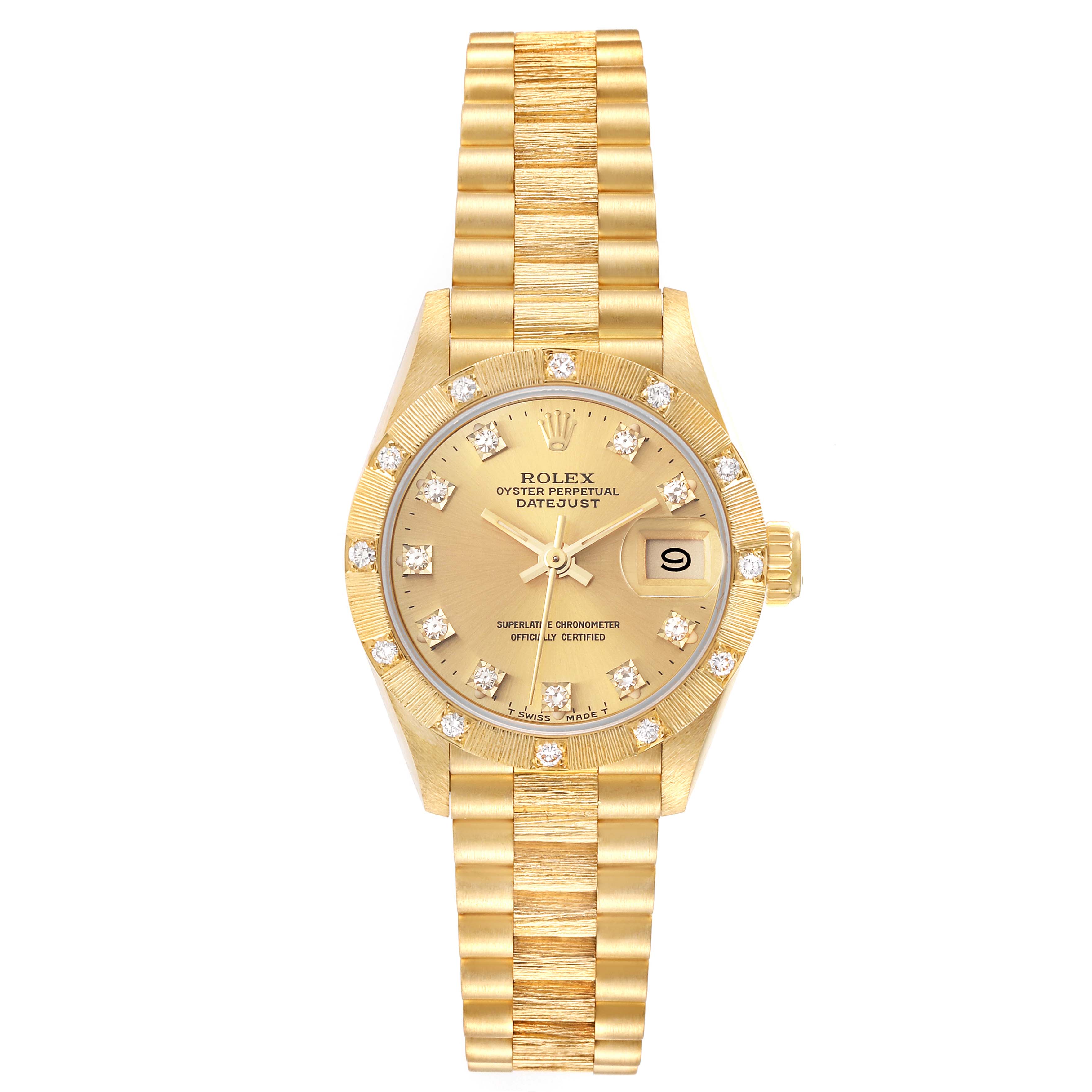 This image shows the front view of a Rolex President 69288 Women's Yellow Gold Champagne Dial 69288 Women's Yellow Gold Champagne Dial model watch, including the face, bezel, band, and date display.