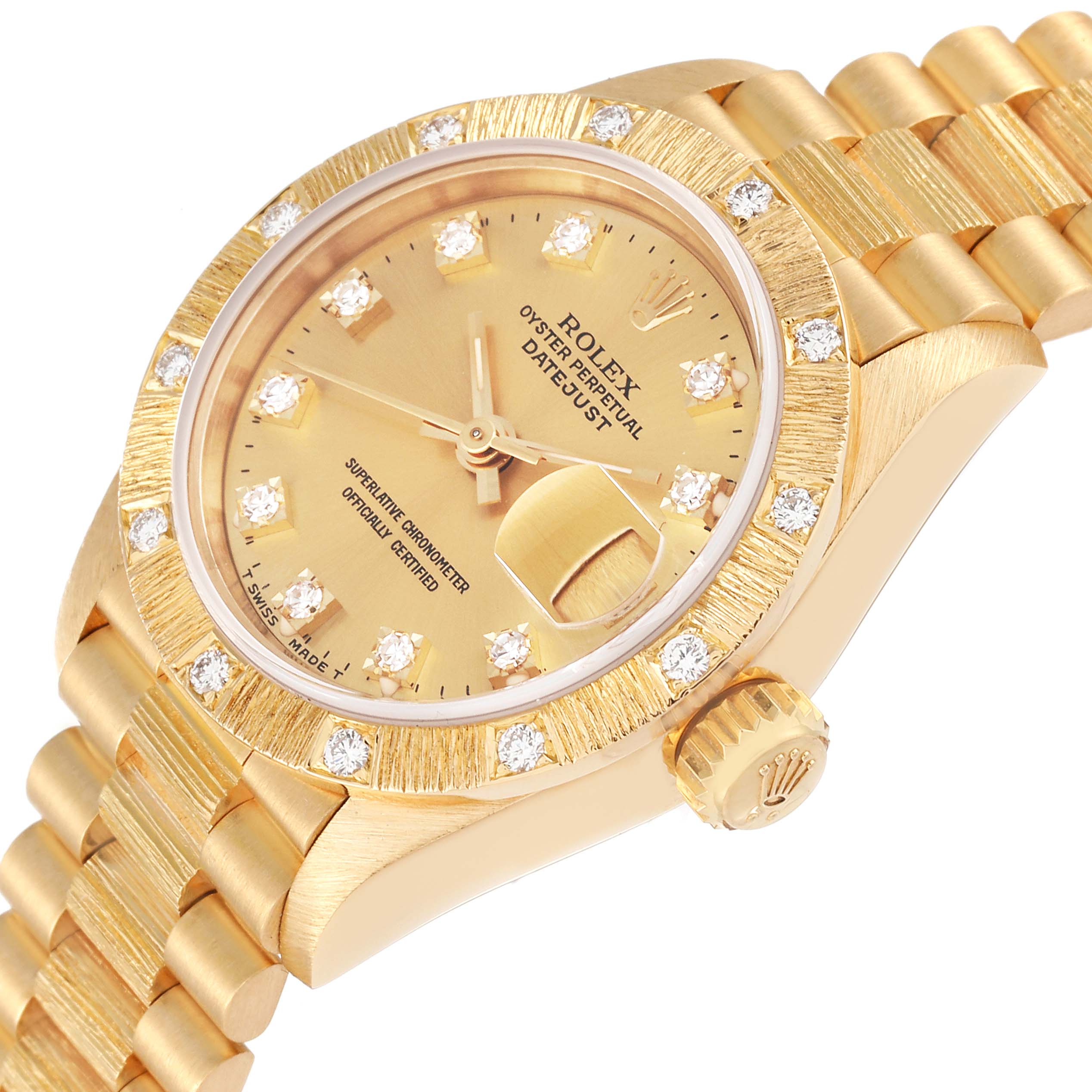 This image shows a gold Rolex President 69288 Women's Yellow Gold Champagne Dial 69288 Women's Yellow Gold Champagne Dial watch at an angle highlighting its diamond-detailed dial, bezel, and bracelet.