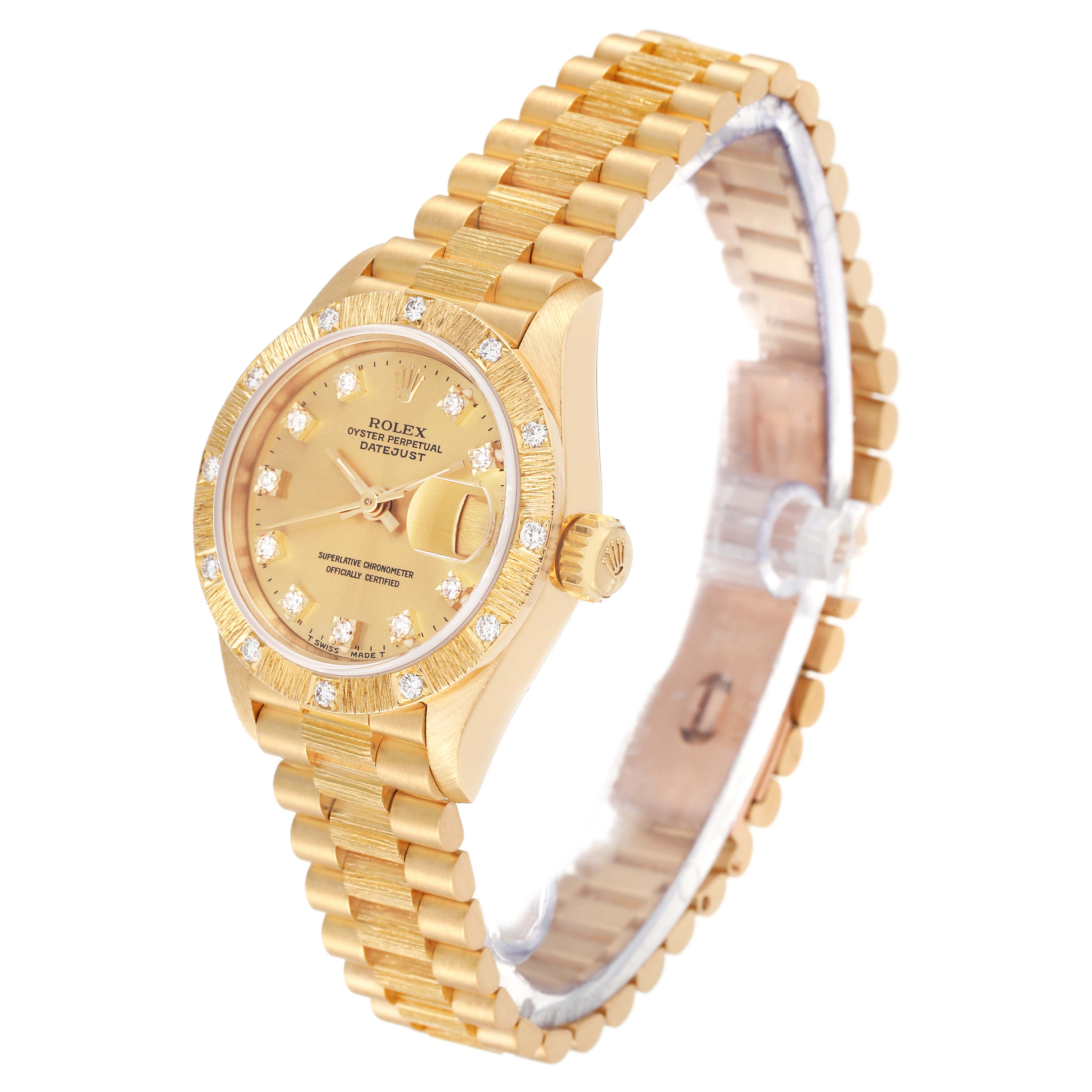 The image shows a side angle of a Rolex President 69288 Women's Yellow Gold Champagne Dial 69288 Women's Yellow Gold Champagne Dial model watch, highlighting its gold bracelet, diamond bezel, and dial.