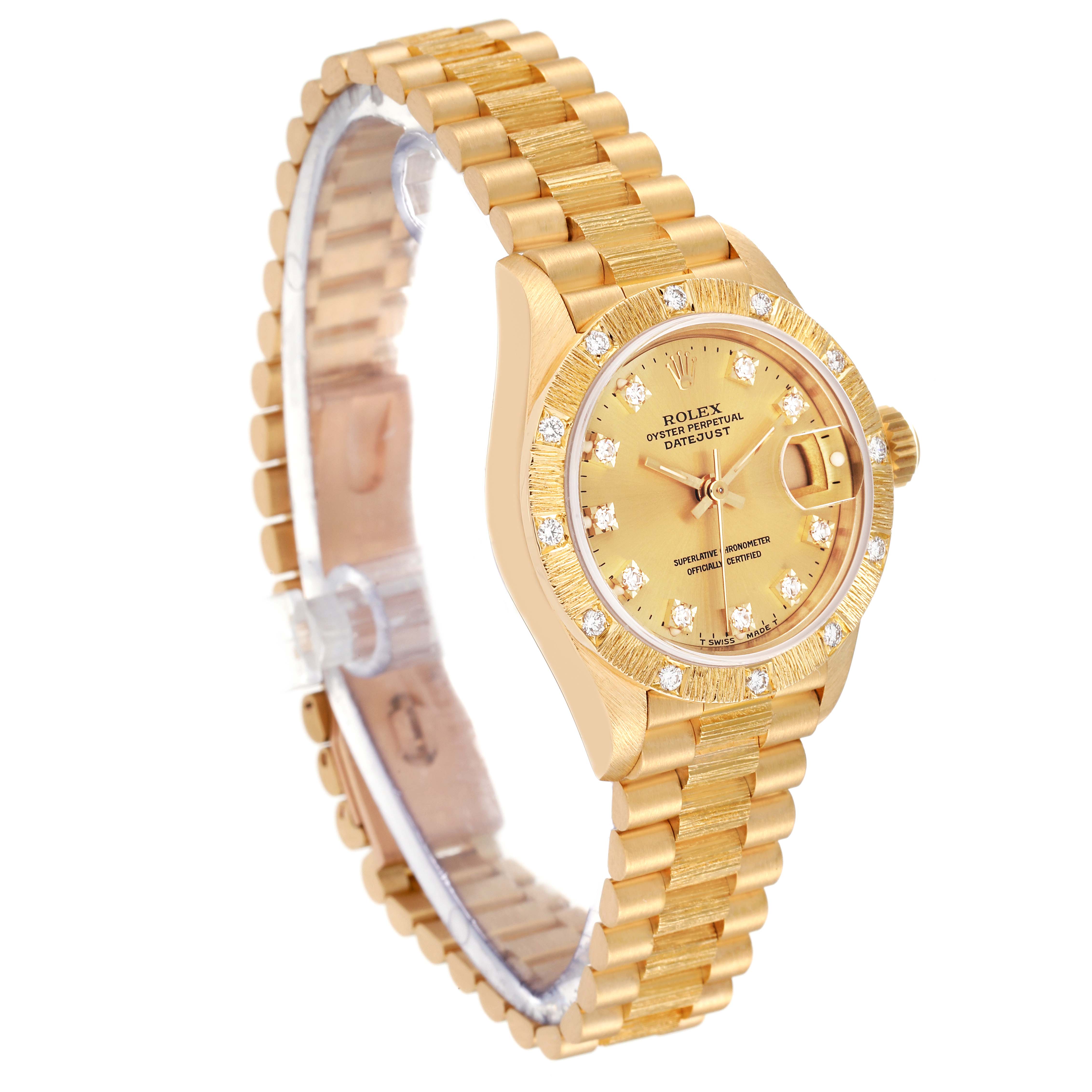 The image shows a Rolex President 69288 Women's Yellow Gold Champagne Dial 69288 Women's Yellow Gold Champagne Dial model watch at an angle, displaying its gold bracelet, diamond-studded bezel, and dial.