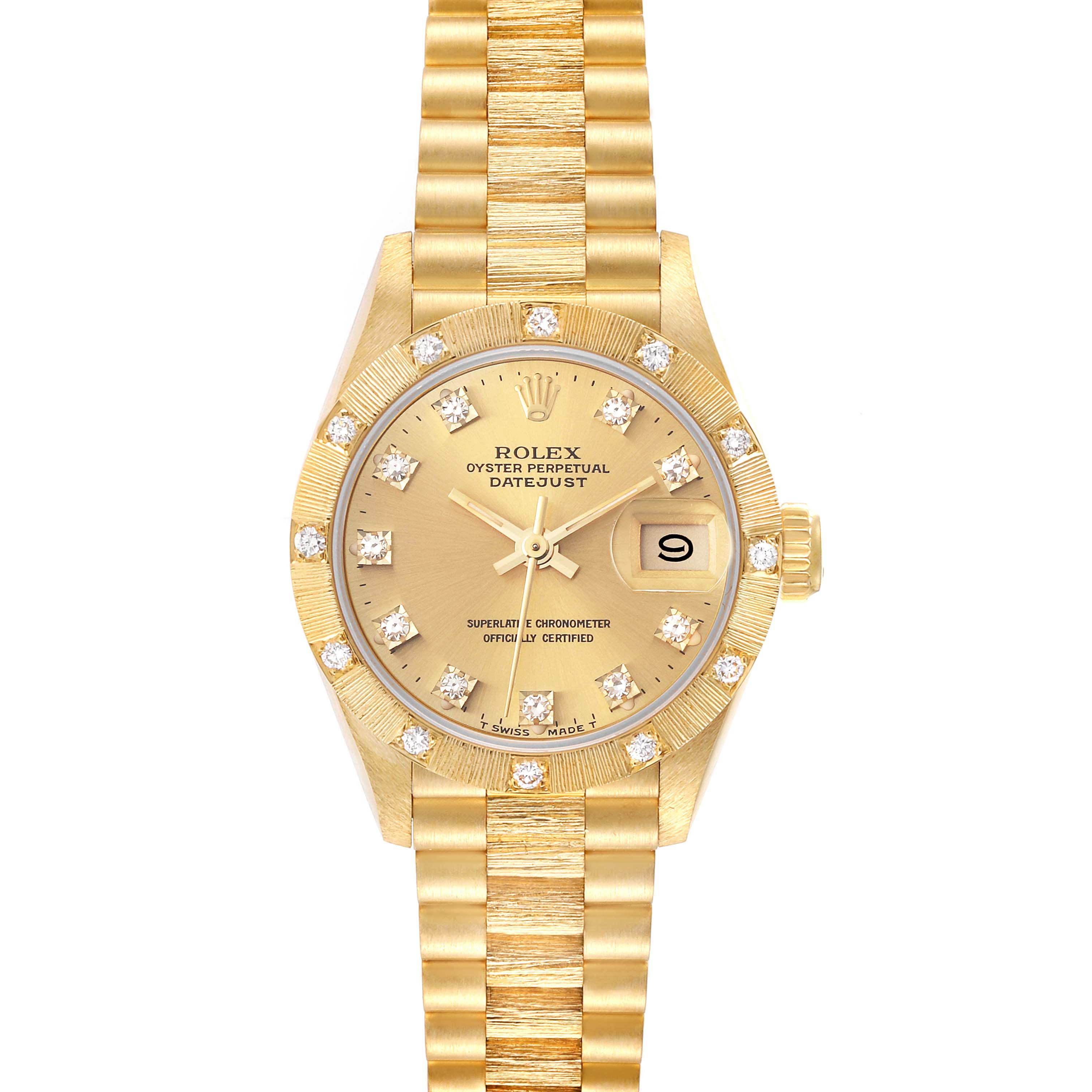 The image shows a front view of a Rolex President 69288 Women's Yellow Gold Champagne Dial 69288 Women's Yellow Gold Champagne Dial model watch with a gold bracelet and a diamond-set bezel.