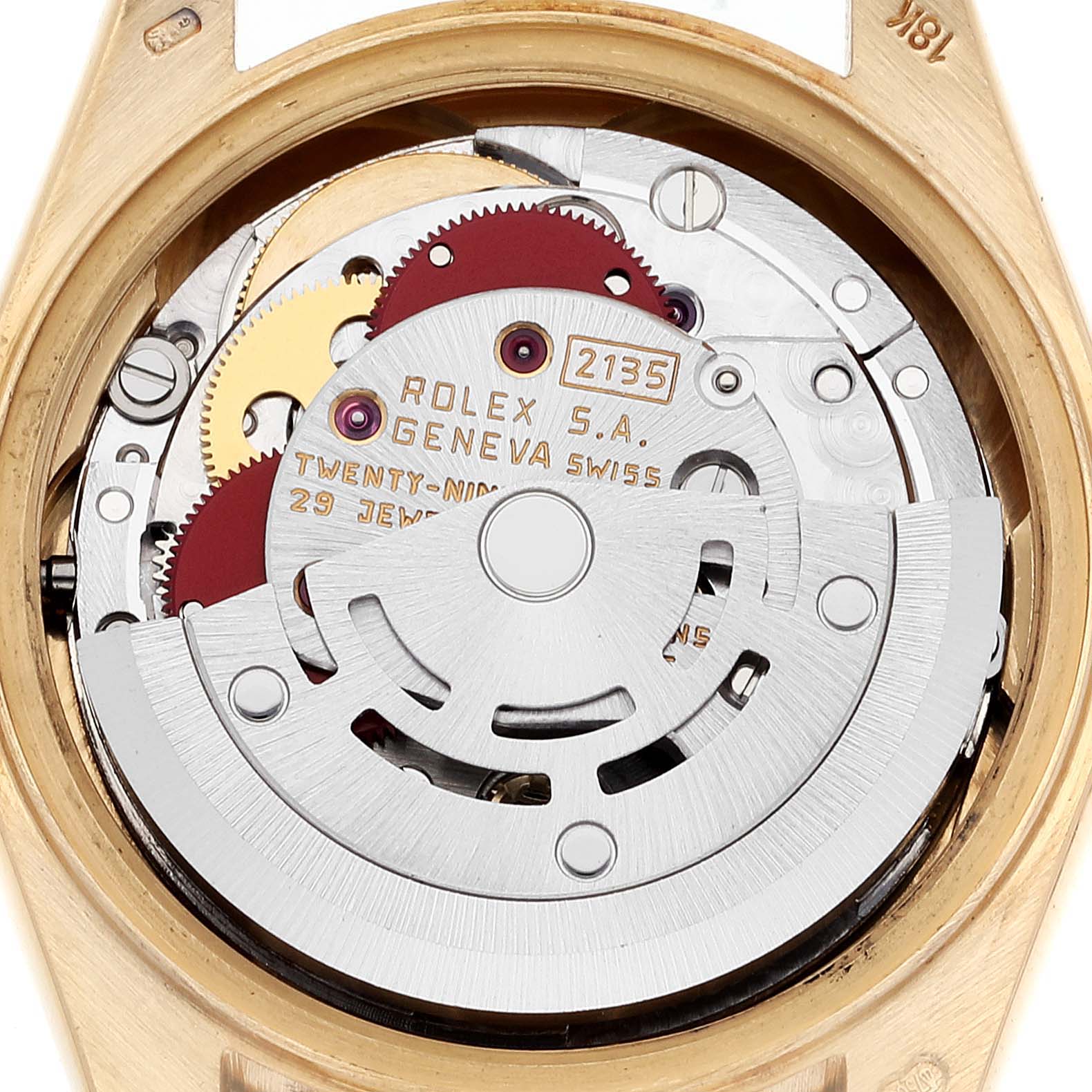 This image shows the back view of a Rolex President 69288 Women's Yellow Gold Champagne Dial 69288 Women's Yellow Gold Champagne Dial model, revealing its internal watch mechanism.