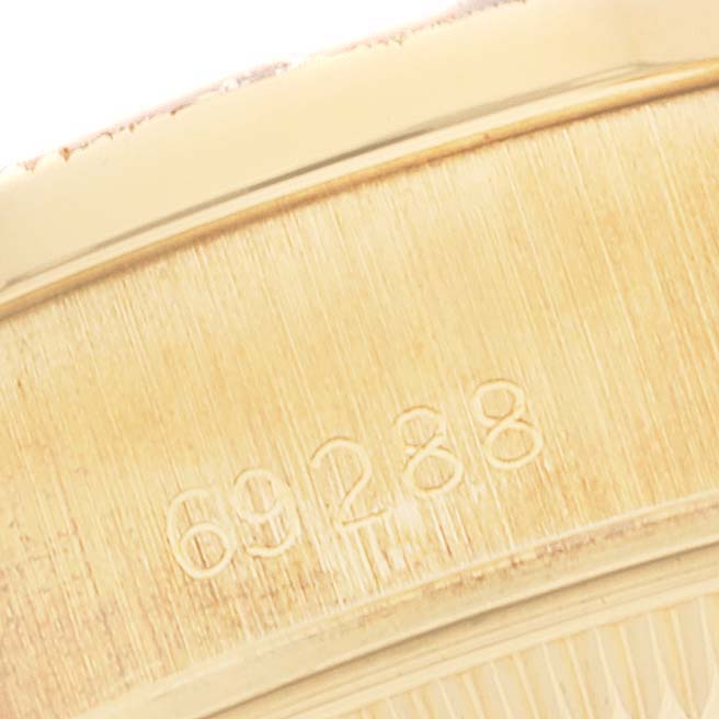 This image shows a close-up angle of the case back, displaying the model number "69288" of the Rolex President 69288 Women's Yellow Gold Champagne Dial 69288 Women's Yellow Gold Champagne Dial watch.