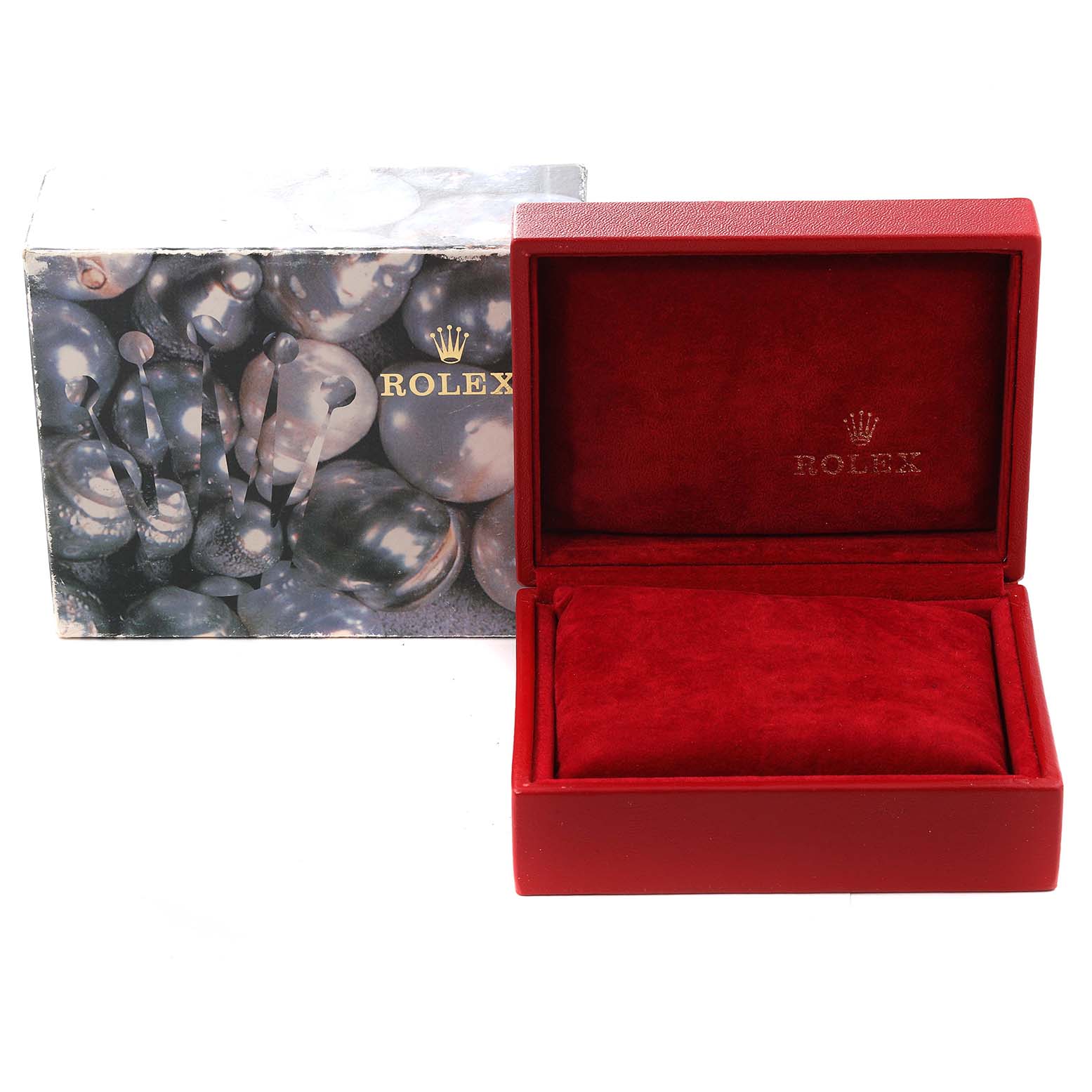 This image shows the packaging and display box for a Rolex President 69288 Women's Yellow Gold Champagne Dial 69288 Women's Yellow Gold Champagne Dial model watch, featuring a red interior and an outer box.