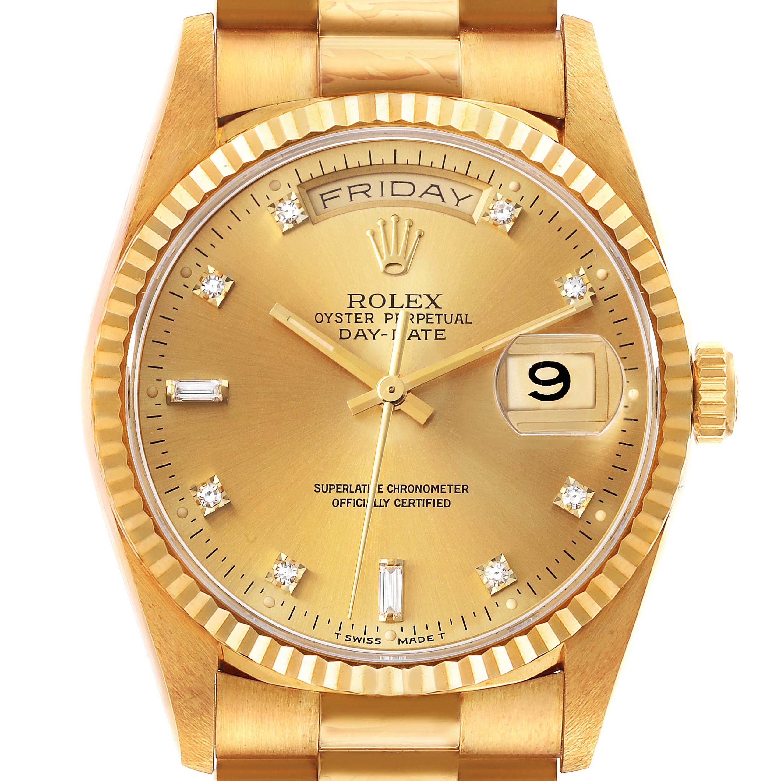 This image shows a front view of the Rolex President 18238 Men
s Yellow Gold Champagne Dial 18238 Men
s Yellow Gold Champagne Dial model watch, displaying its dial, bezel, and part of the strap.