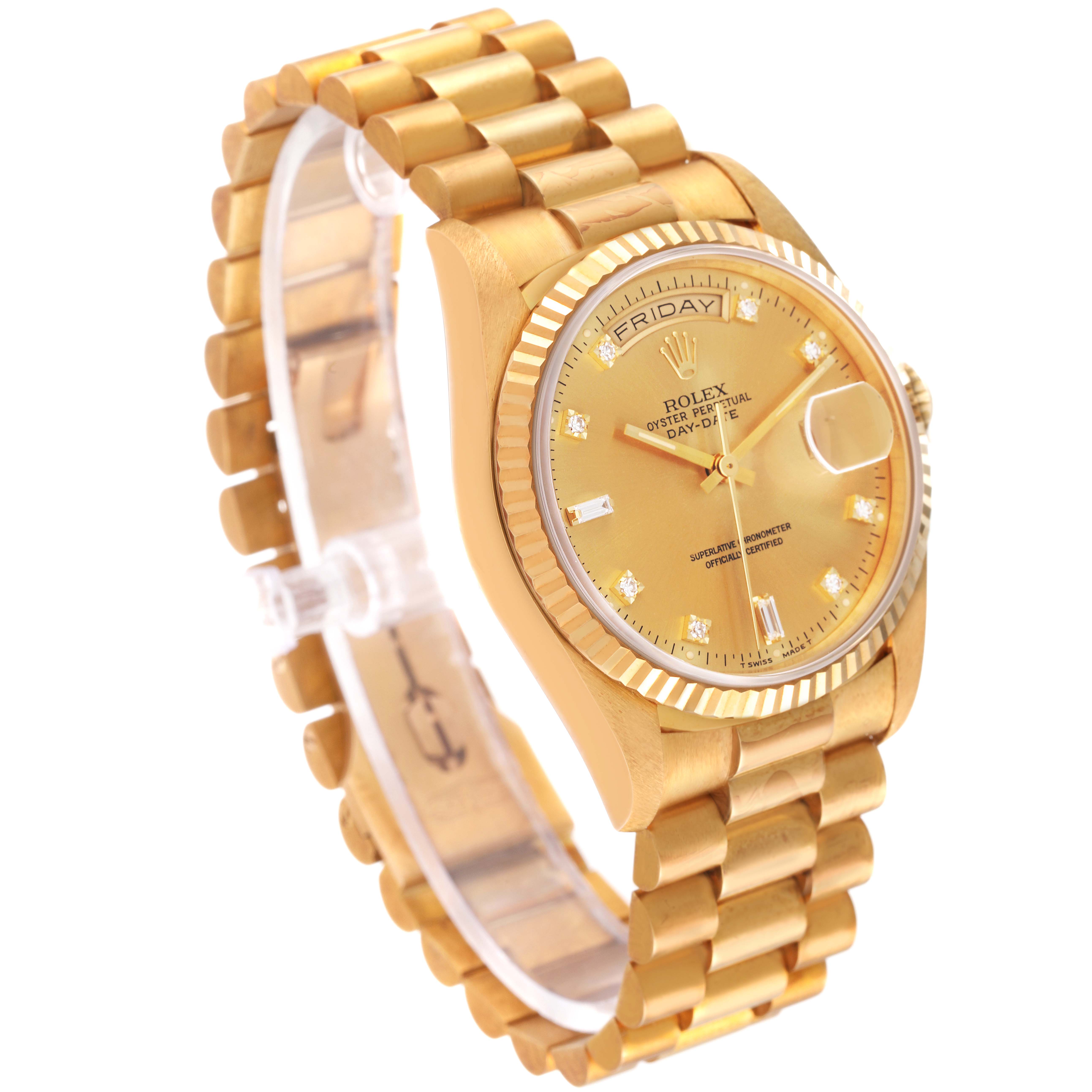 This image shows a Rolex President 18238 Men
s Yellow Gold Champagne Dial 18238 Men
s Yellow Gold Champagne Dial model watch at a slight angle, highlighting its gold dial, bezel, and bracelet.