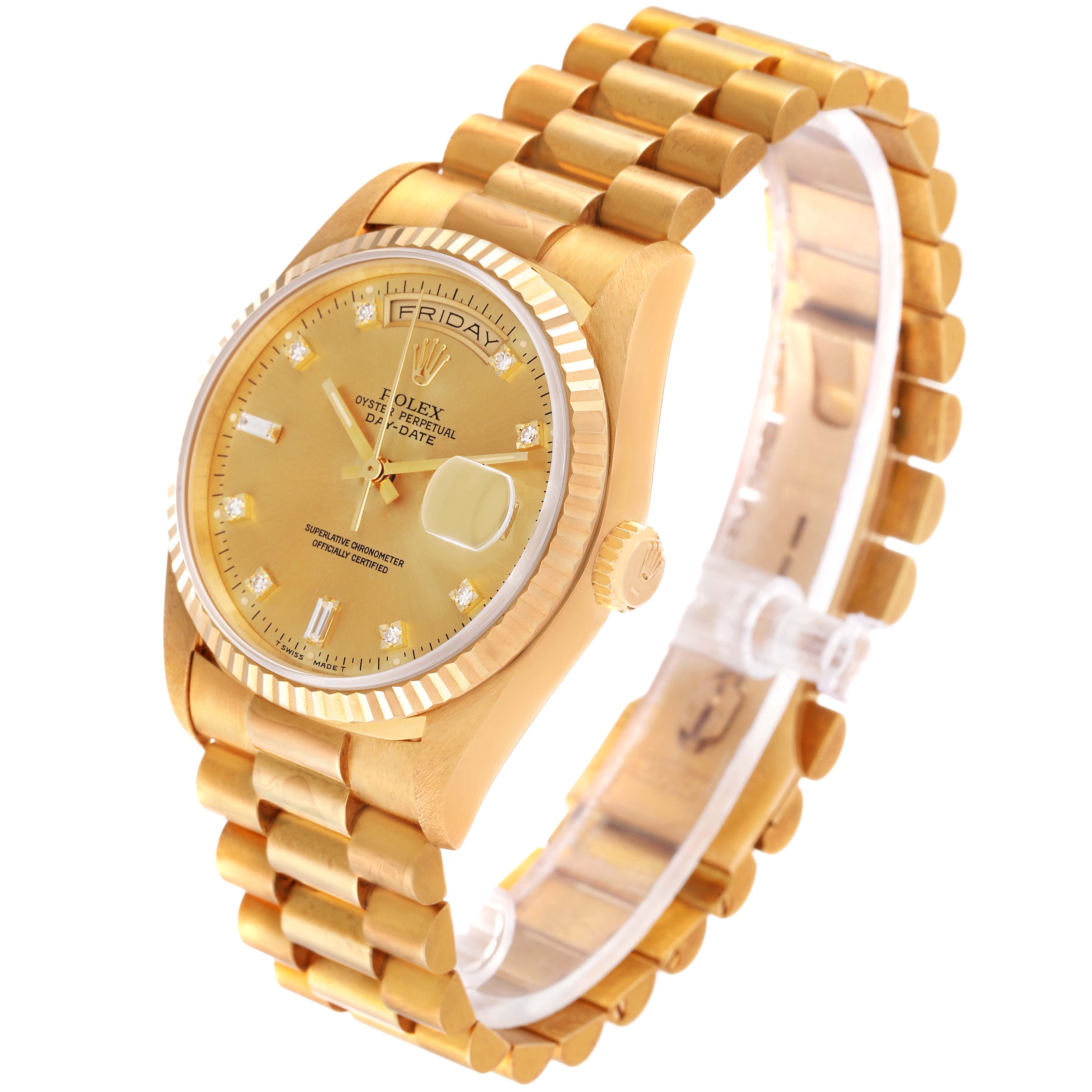 This angle shows the Rolex President 18238 Men
s Yellow Gold Champagne Dial 18238 Men
s Yellow Gold Champagne Dial model watch featuring the face, band, and crown.