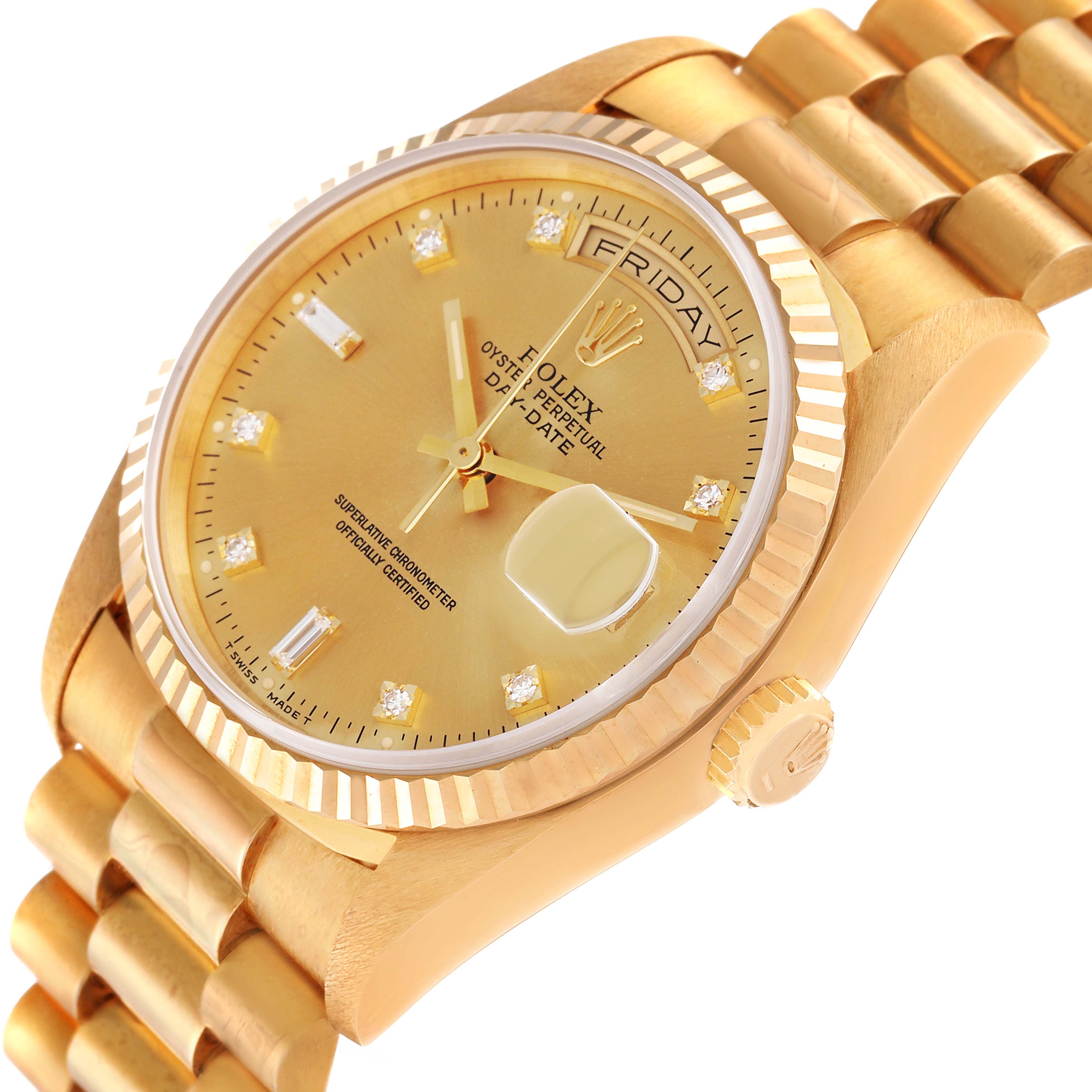 The image shows a close-up, angled view of the Rolex President 18238 Men
s Yellow Gold Champagne Dial 18238 Men
s Yellow Gold Champagne Dial model watch, highlighting its dial, bezel, and part of the bracelet.