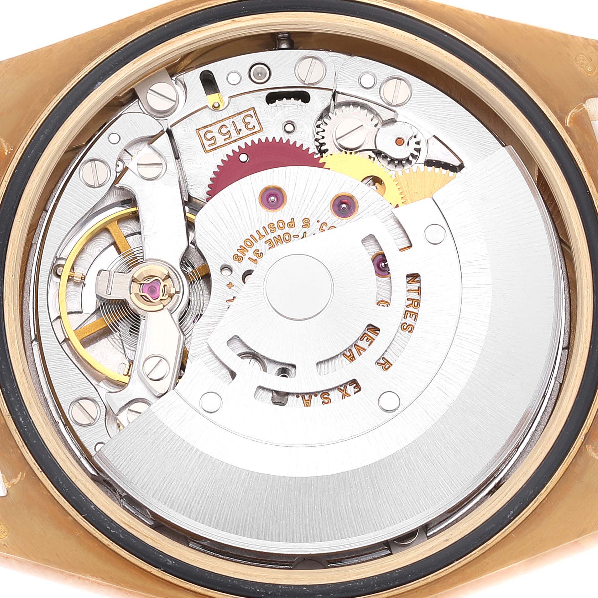 This image shows the internal mechanical components of a Rolex President 18238 Men
s Yellow Gold Champagne Dial 18238 Men
s Yellow Gold Champagne Dial model watch from a rear angle.