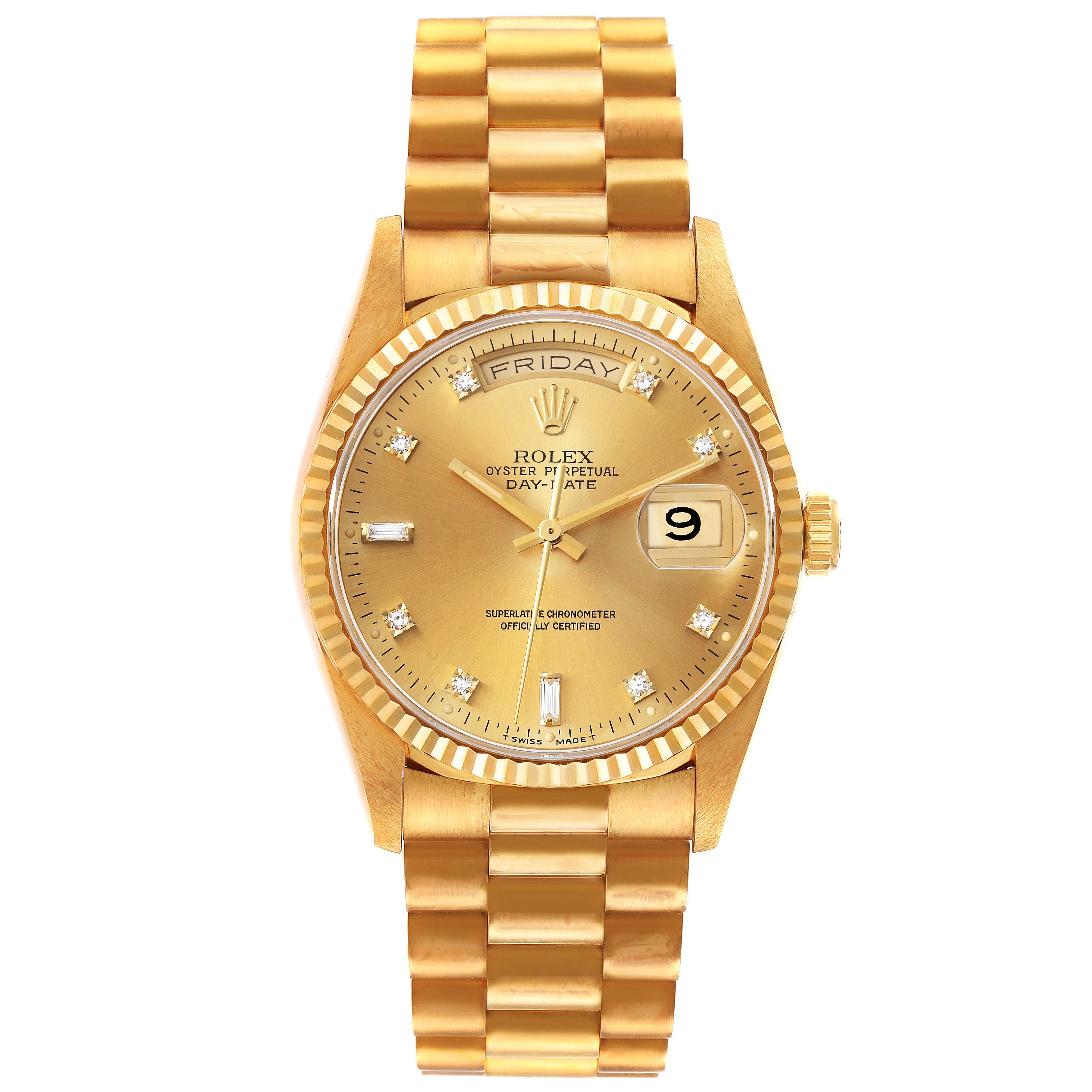 The image shows a front view of the President model Rolex watch, displaying the band, dial, hands, and day/date windows.