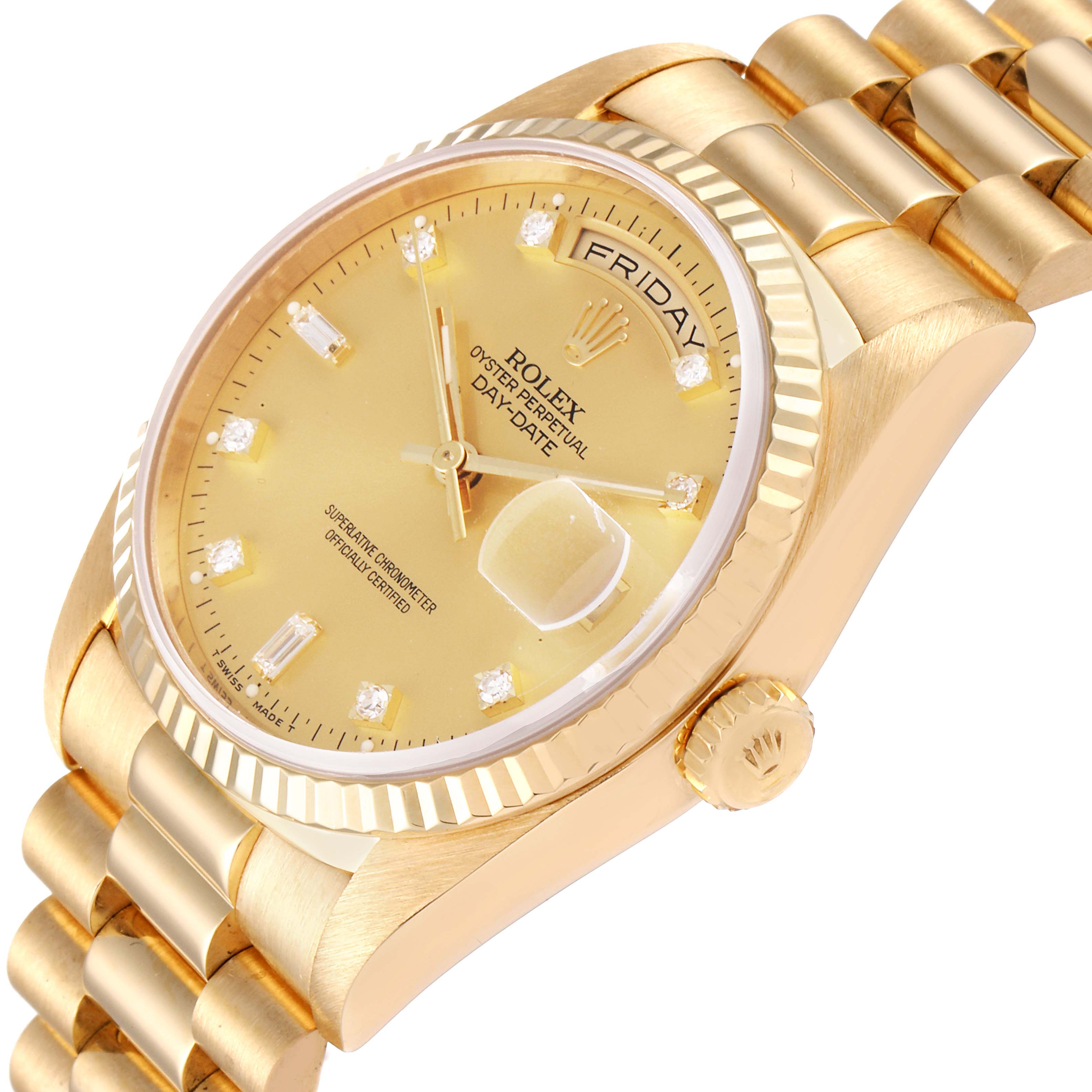 The image shows a close-up, angled view of the dial, crown, and bracelet of a Rolex President 18238 Men
s Yellow Gold Champagne Dial 18238 Men
s Yellow Gold Champagne Dial model watch.