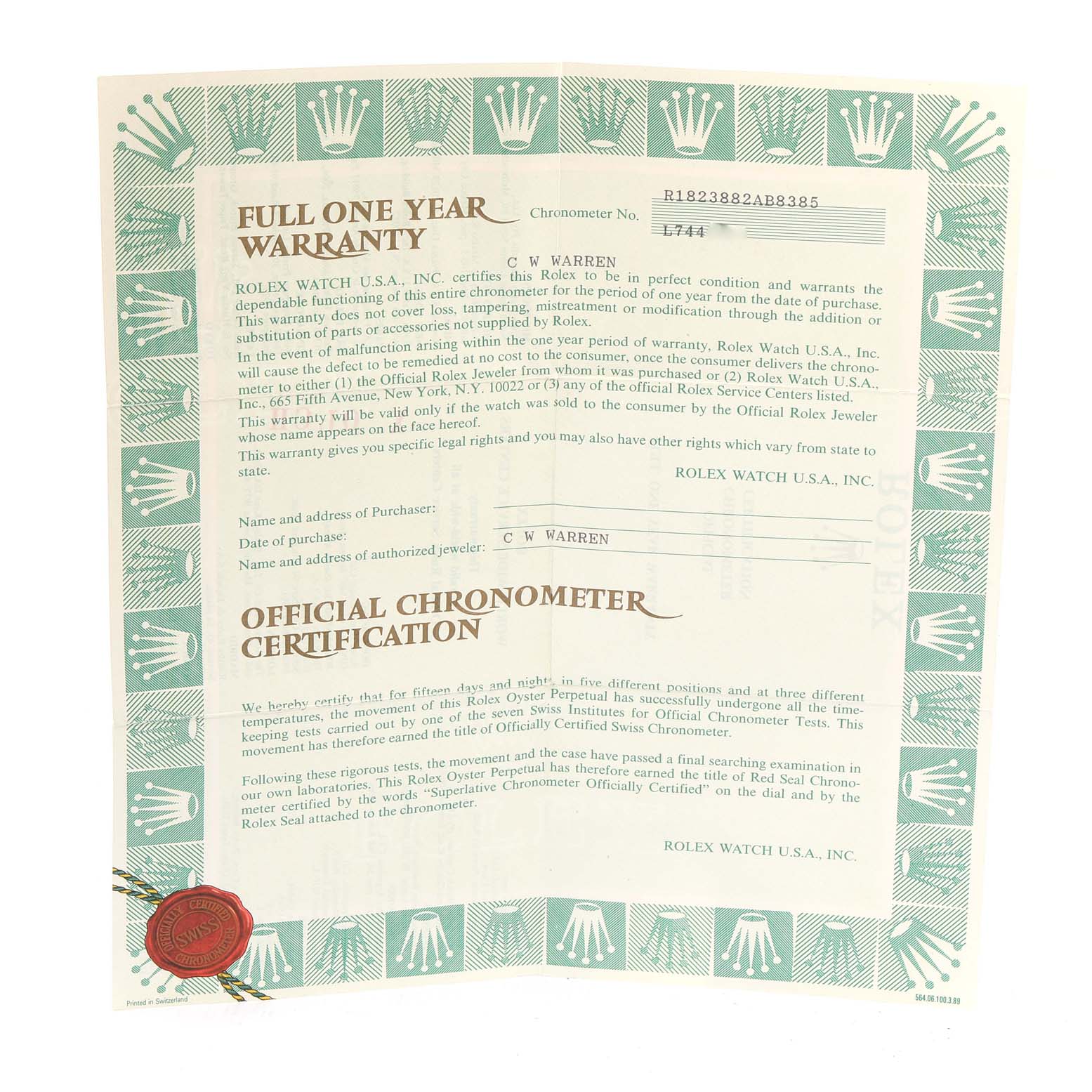 This image shows the warranty and official chronometer certification for a Rolex President 18238 Men
s Yellow Gold Champagne Dial 18238 Men
s Yellow Gold Champagne Dial model watch.