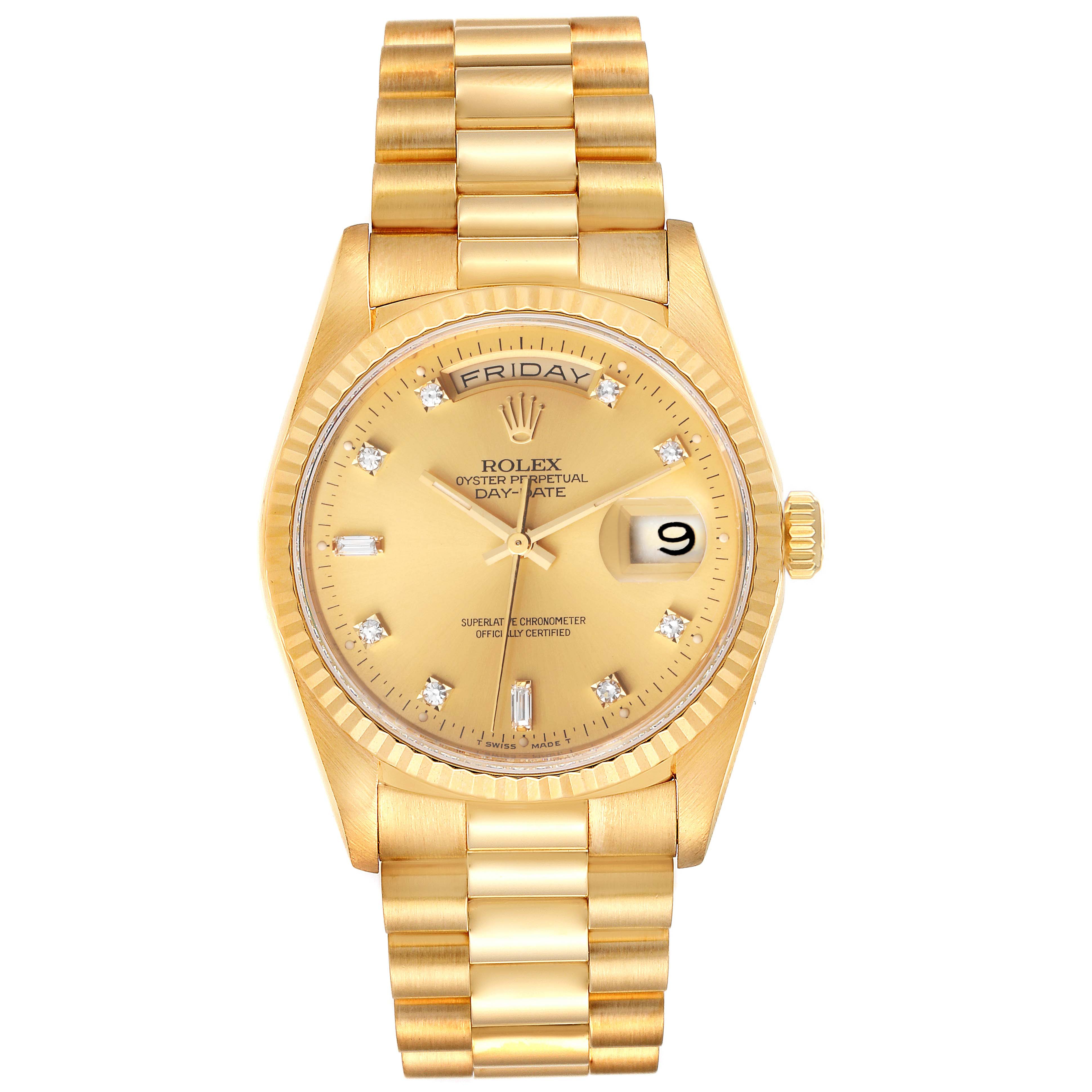 This image shows a front view of a Rolex President 18238 Men
s Yellow Gold Champagne Dial 18238 Men
s Yellow Gold Champagne Dial model watch, highlighting the dial, day-date display, and gold bracelet.
