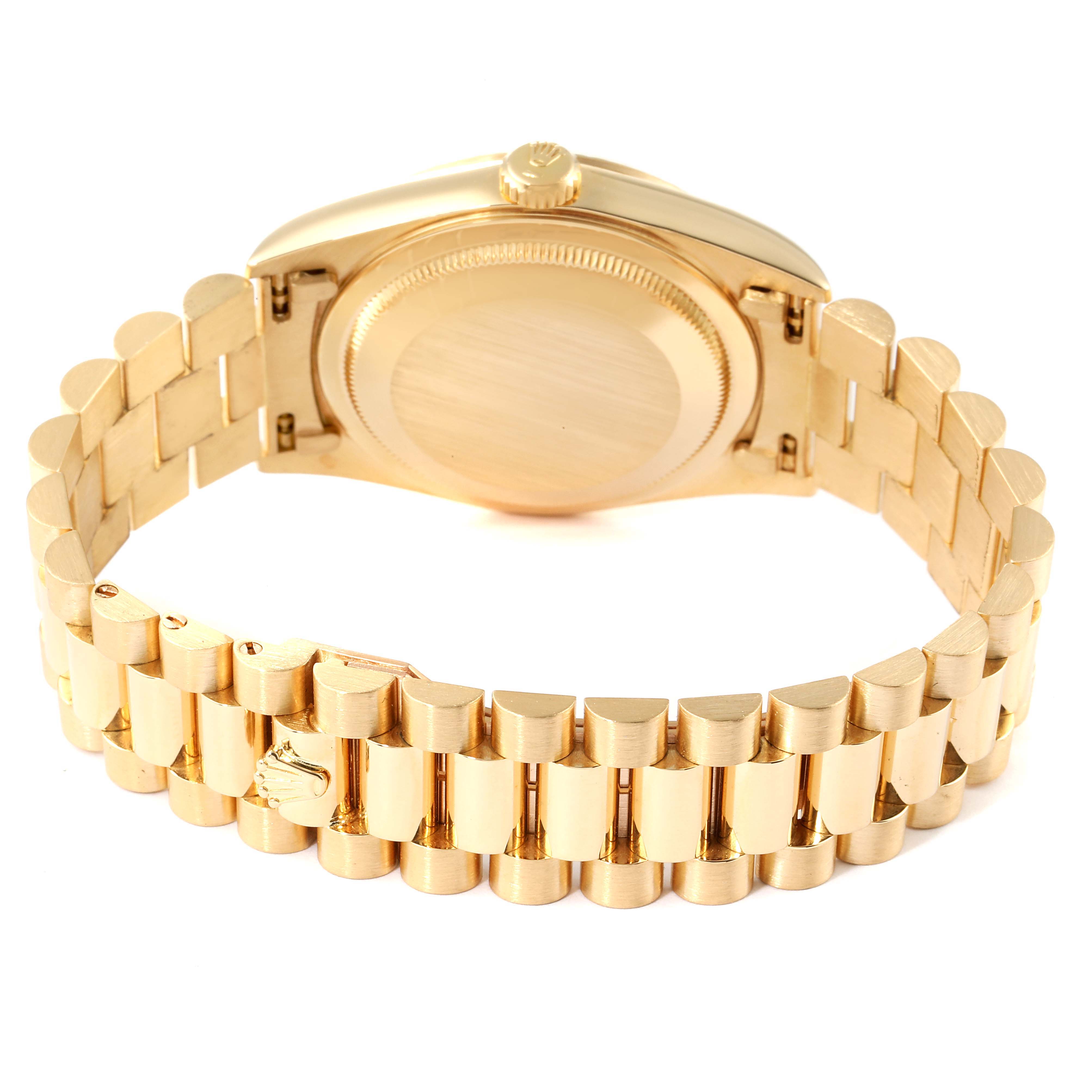 The image shows the back case and bracelet of a Rolex President 18238 Men
s Yellow Gold Champagne Dial 18238 Men
s Yellow Gold Champagne Dial model watch from a rear angle.