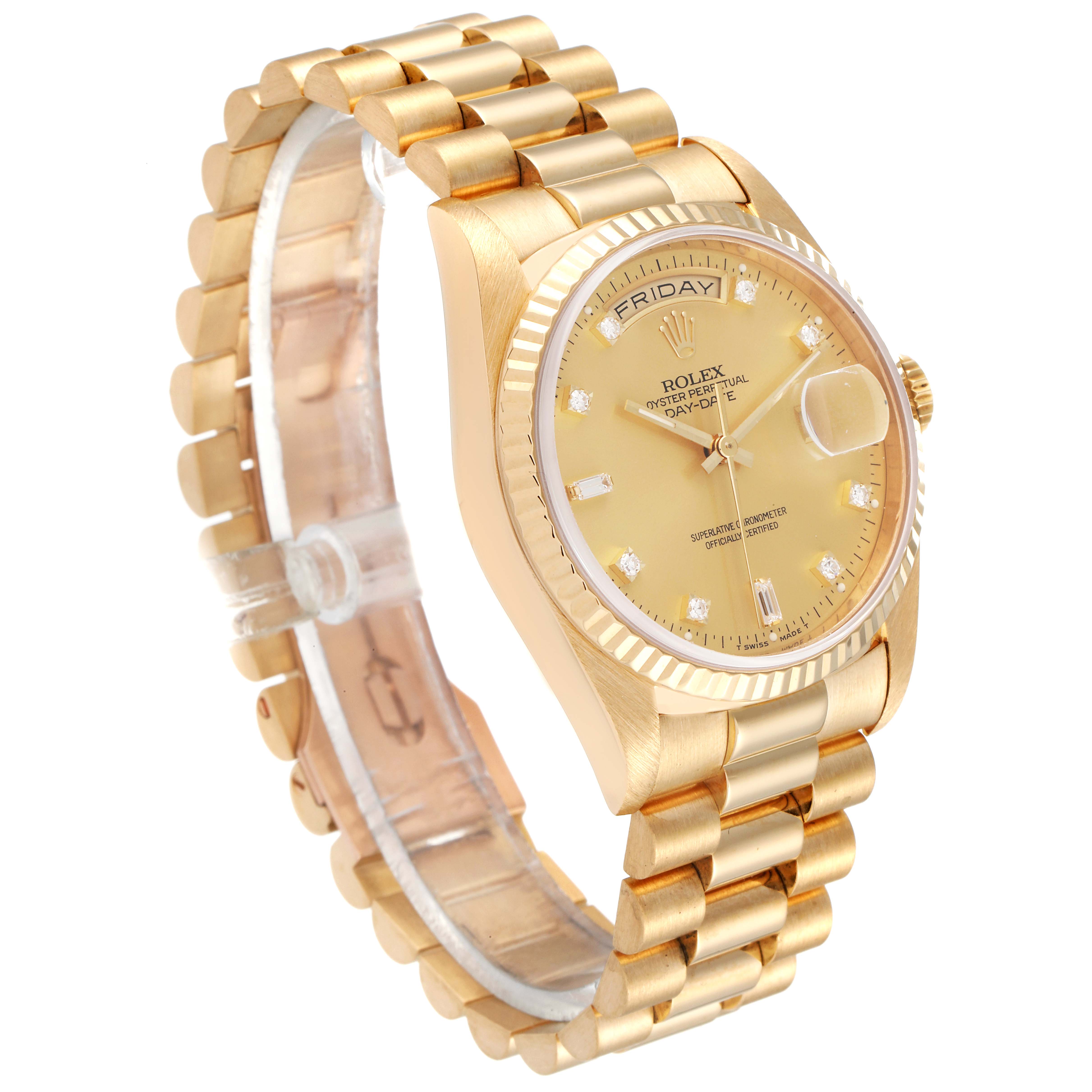 The image showcases a Rolex President 18238 Men
s Yellow Gold Champagne Dial 18238 Men
s Yellow Gold Champagne Dial model watch at a three-quarter angle, revealing its gold bracelet, dial, and day/date display.