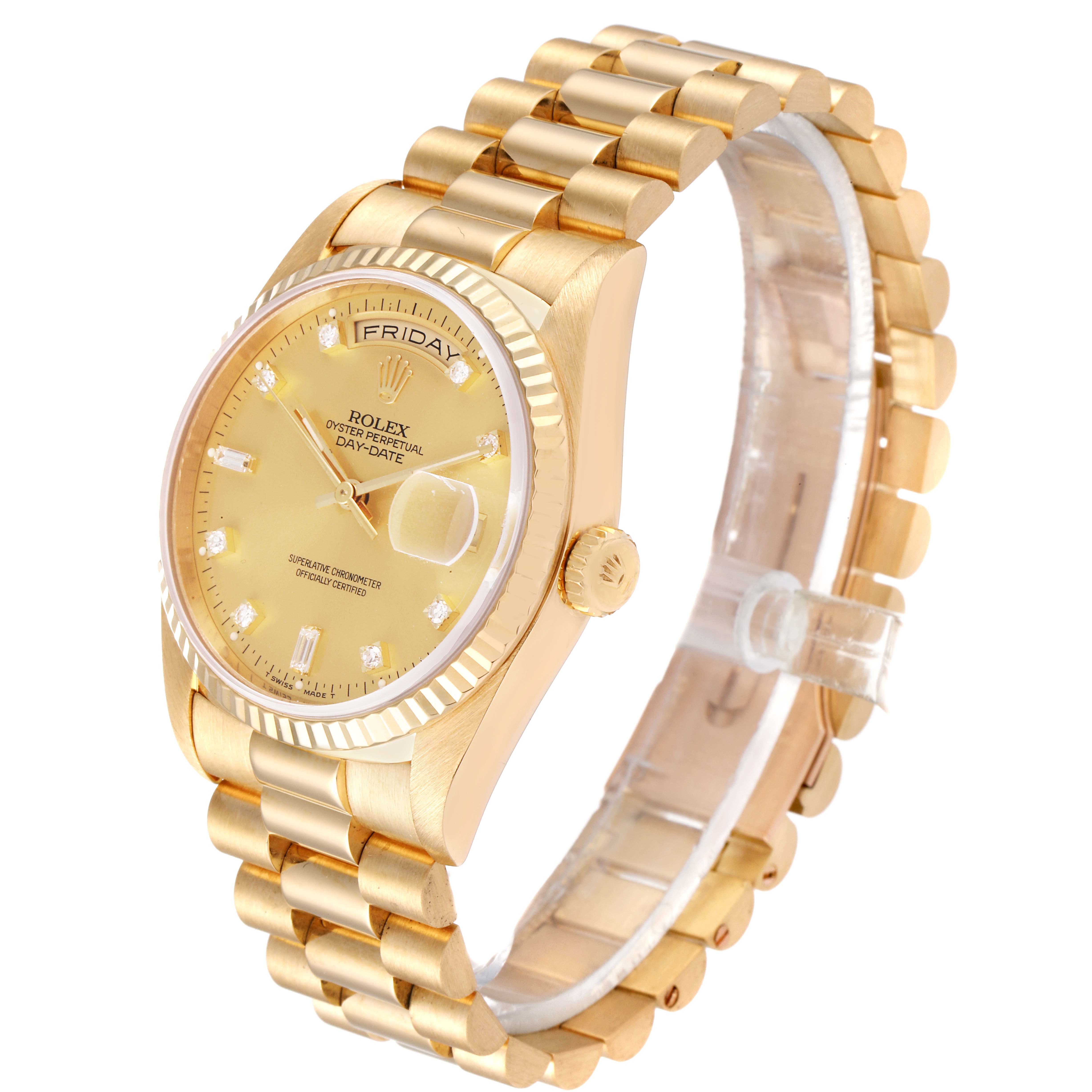 The Rolex President 18238 Men
s Yellow Gold Champagne Dial 18238 Men
s Yellow Gold Champagne Dial watch is shown at an angle, highlighting the gold case, bracelet, dial, and crown.