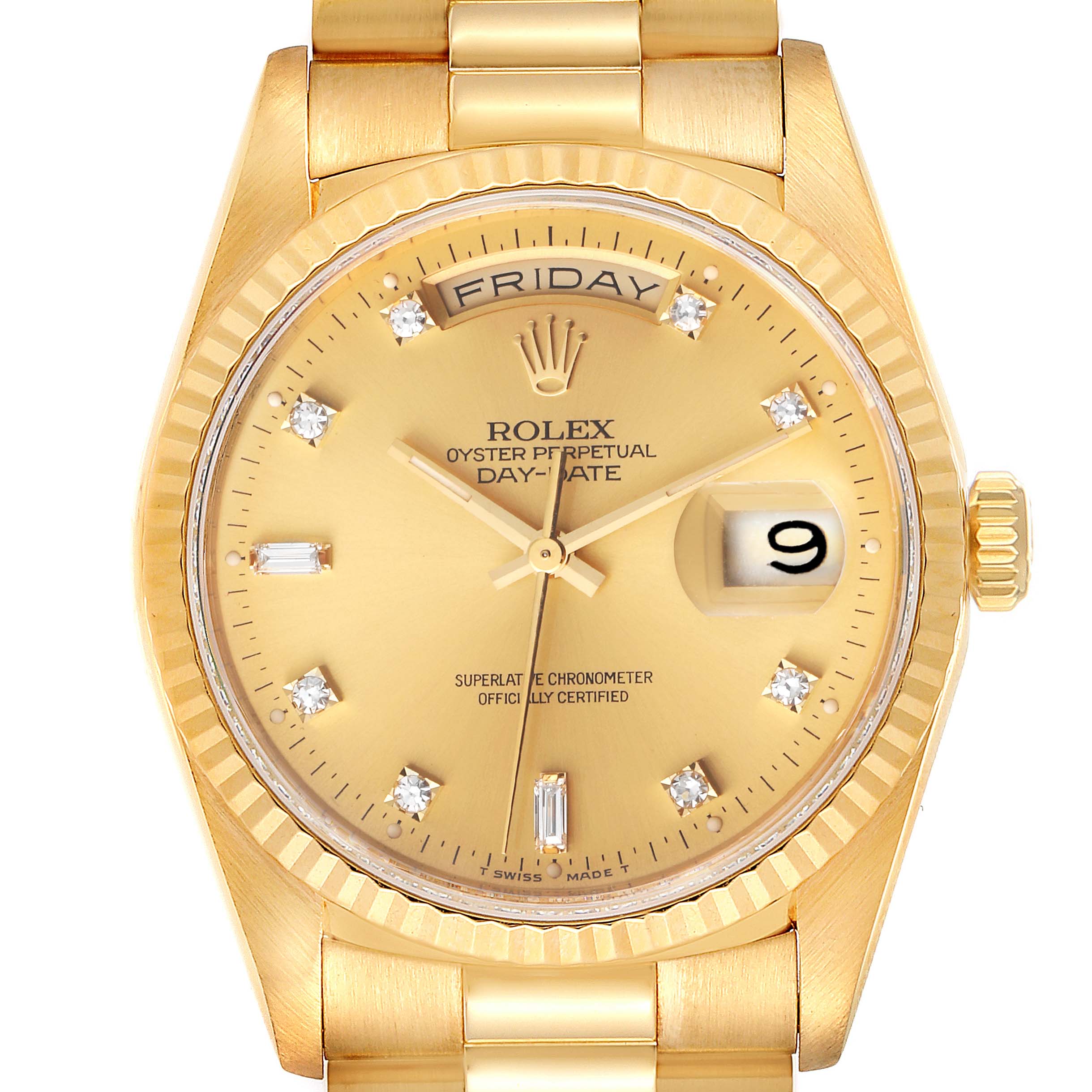 This image shows a Rolex President 18238 Men
s Yellow Gold Champagne Dial 18238 Men
s Yellow Gold Champagne Dial model watch from a front angle, highlighting its gold dial, day-date indicators, and diamond hour markers.