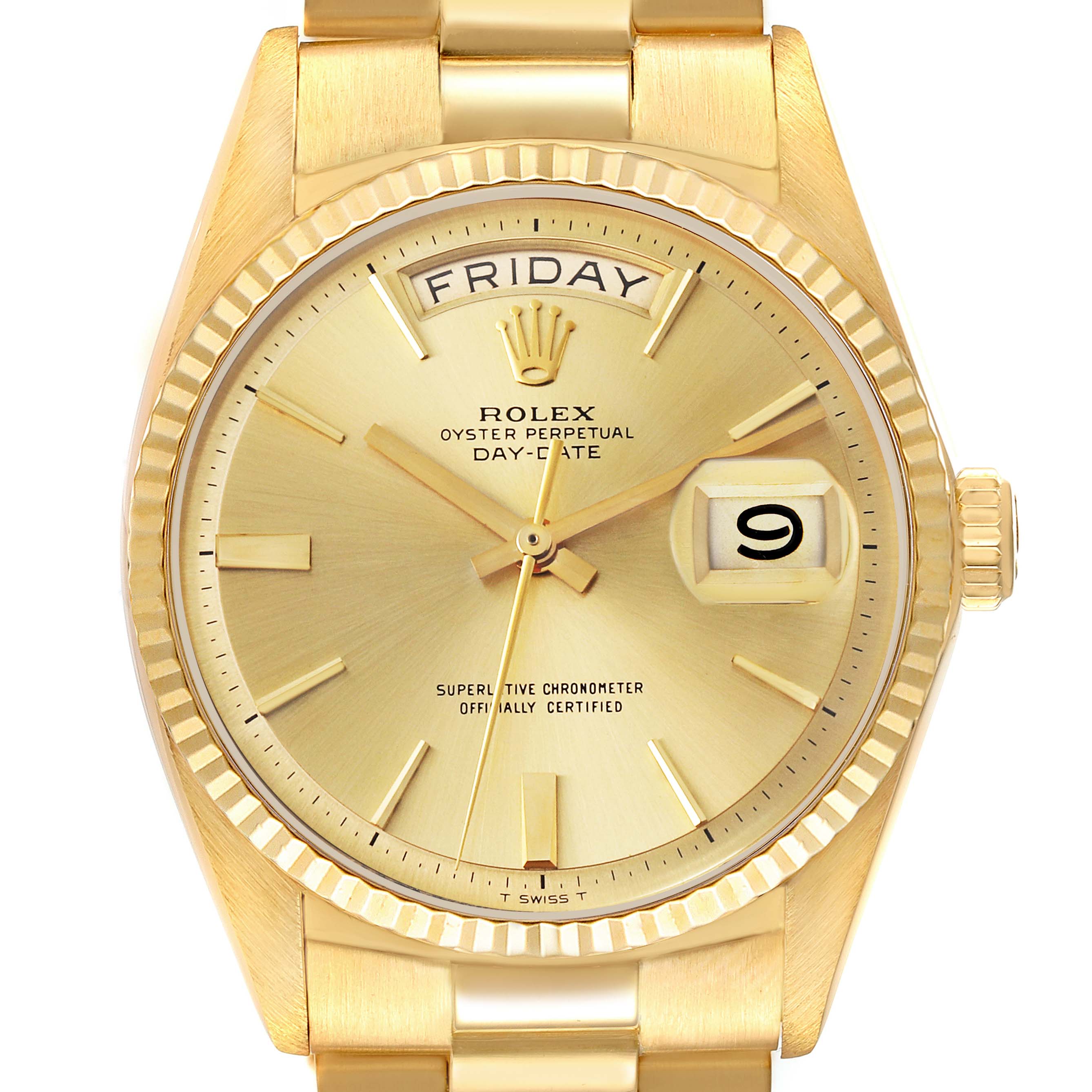 This image shows a front view of the Rolex President 1803 Men's Yellow Gold Champagne Dial 1803 Men's Yellow Gold Champagne Dial Day-Date watch, featuring its dial, hands, date window, and bracelet.