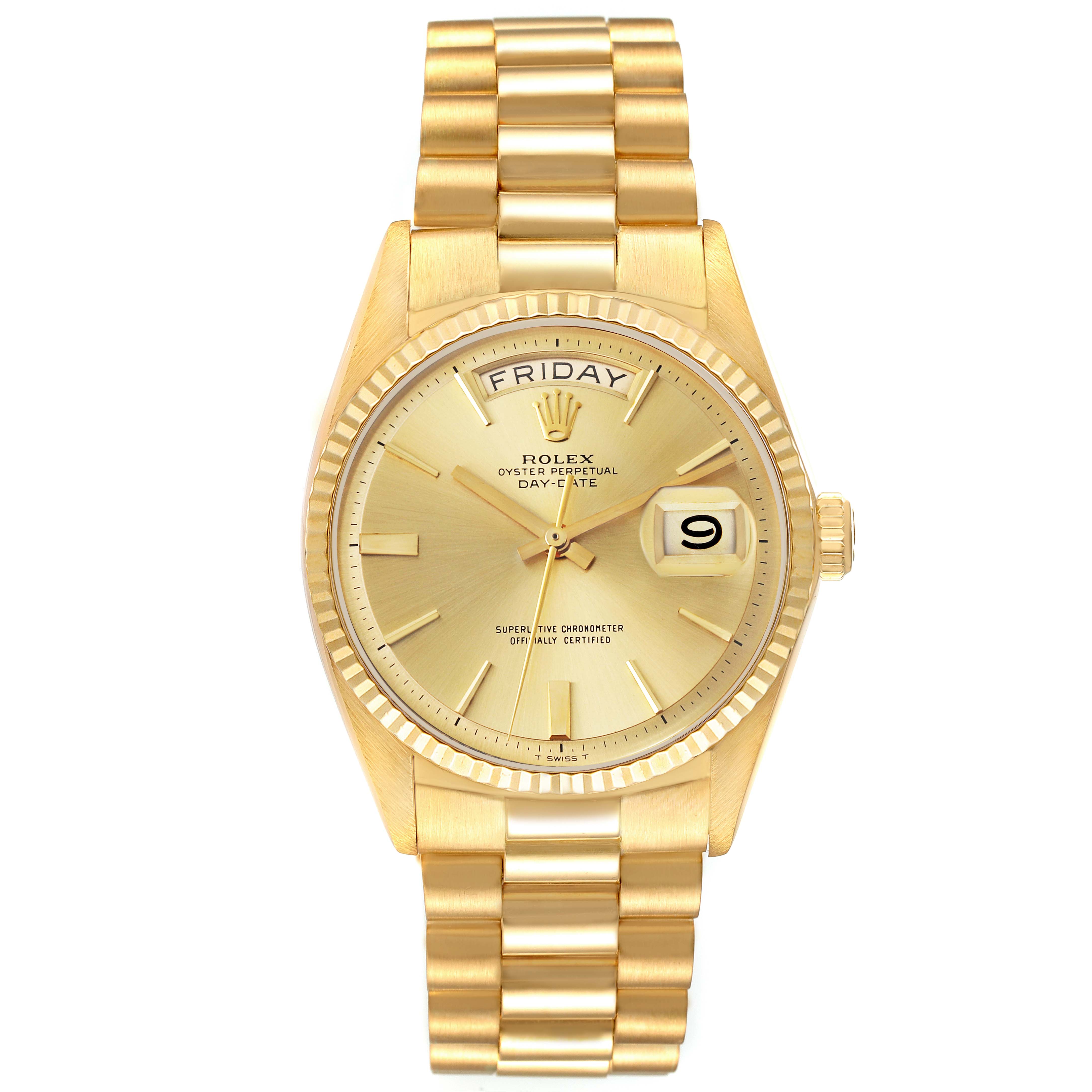 This is a front view of the Rolex President 1803 Men's Yellow Gold Champagne Dial 1803 Men's Yellow Gold Champagne Dial model watch, showcasing its dial, bezel, and bracelet.