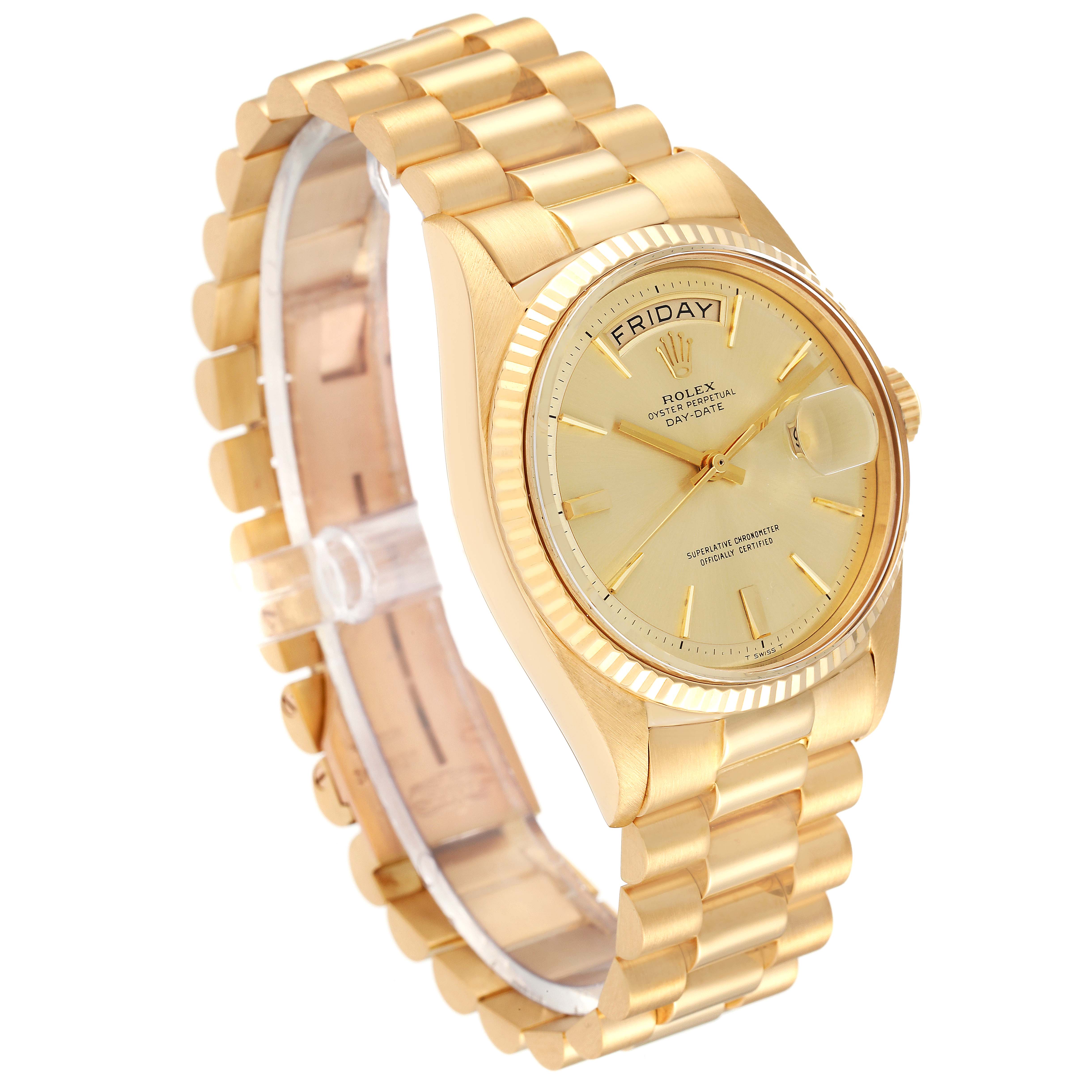 This image shows a Rolex President 1803 Men's Yellow Gold Champagne Dial 1803 Men's Yellow Gold Champagne Dial model watch angled from the side, highlighting the face, fluted bezel, and linked bracelet.