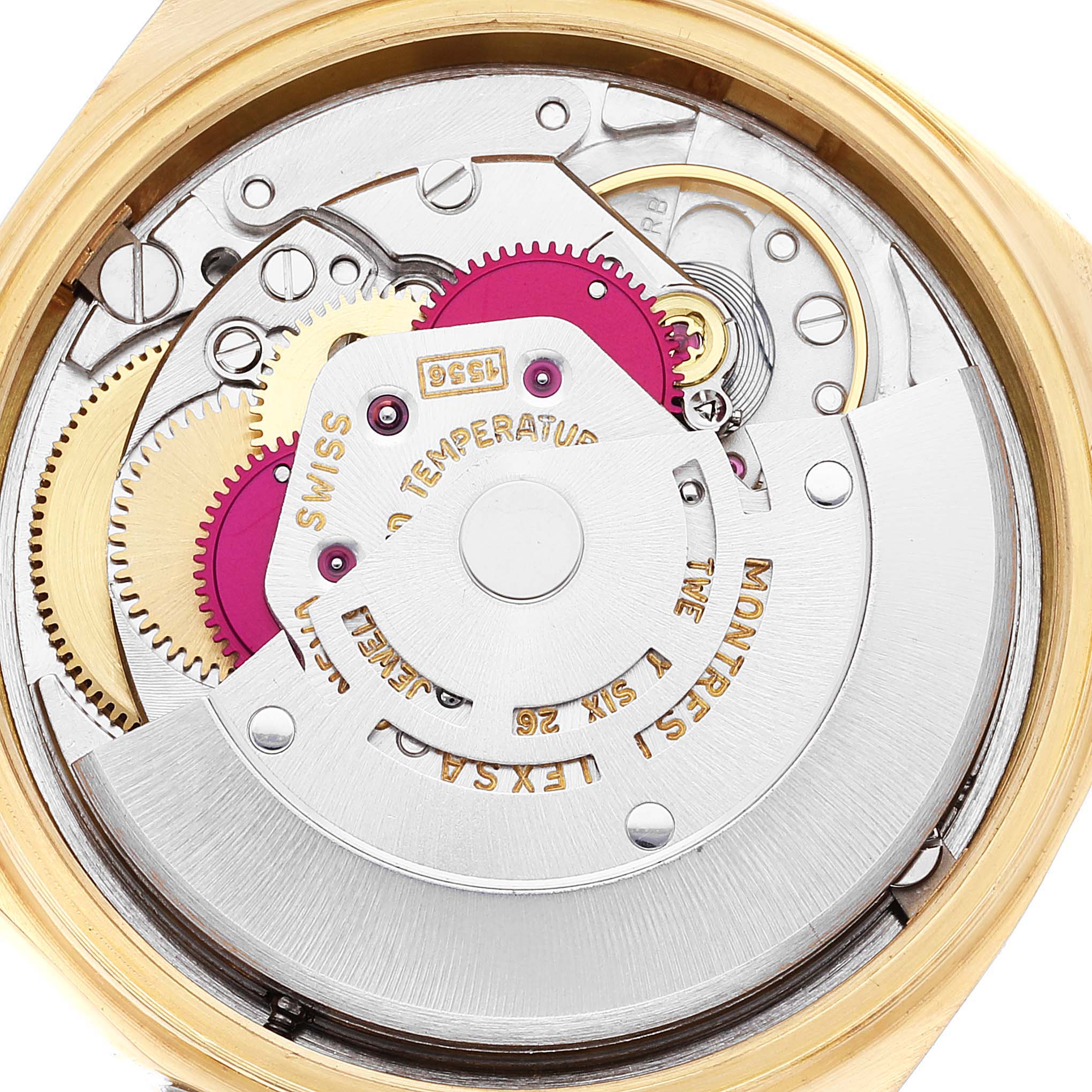 This image shows a close-up of the internal mechanical movement of a Rolex President 1803 Men's Yellow Gold Champagne Dial 1803 Men's Yellow Gold Champagne Dial model watch.