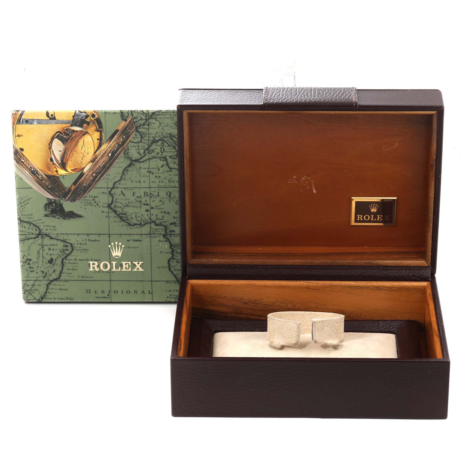 The image shows the packaging and box for a Rolex President 1803 Men's Yellow Gold Champagne Dial 1803 Men's Yellow Gold Champagne Dial model watch, including the inner velvet cushion.