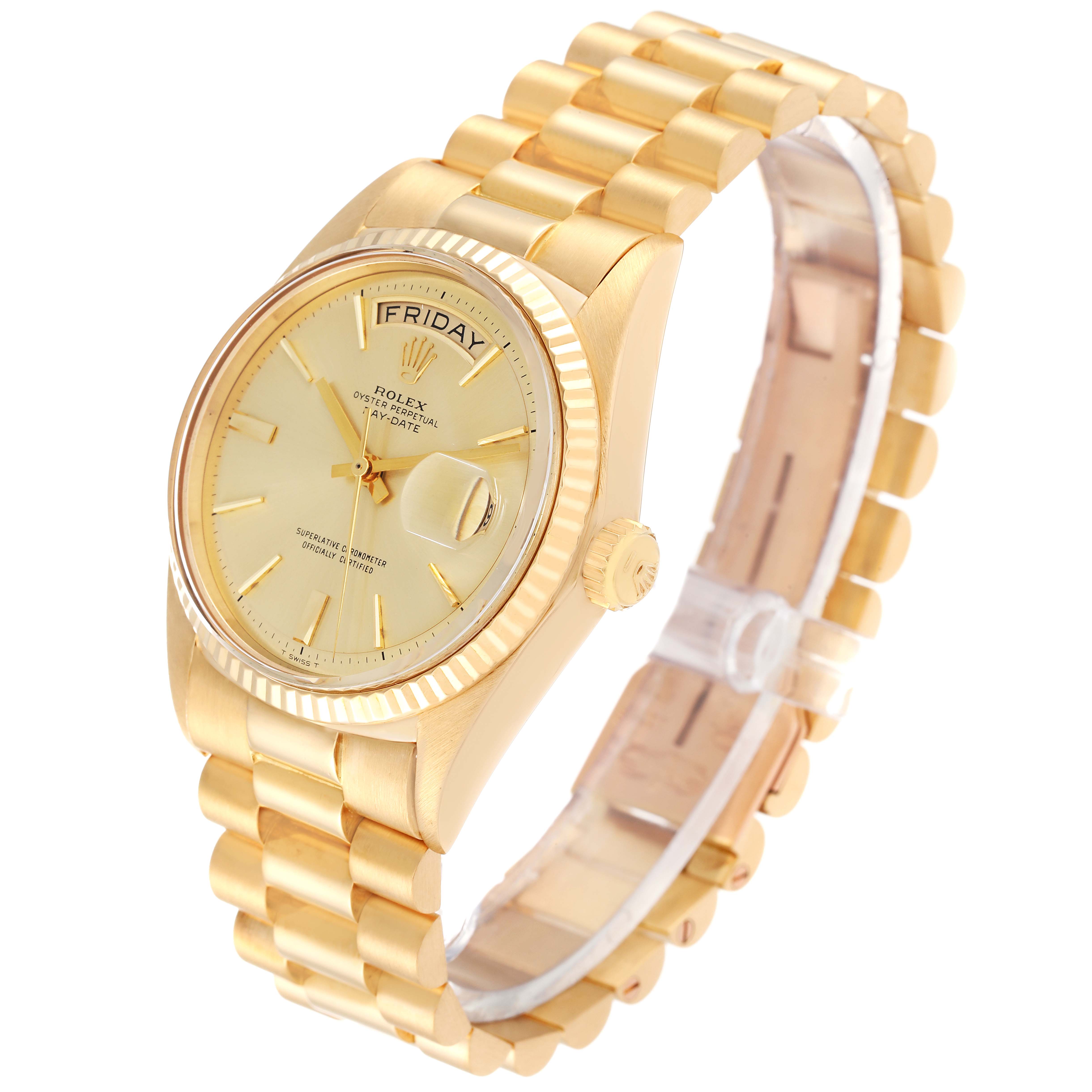 This is a Rolex President 1803 Men's Yellow Gold Champagne Dial 1803 Men's Yellow Gold Champagne Dial model watch, shown at a three-quarter angle, highlighting the gold bracelet, crown, and dial with day-date feature.