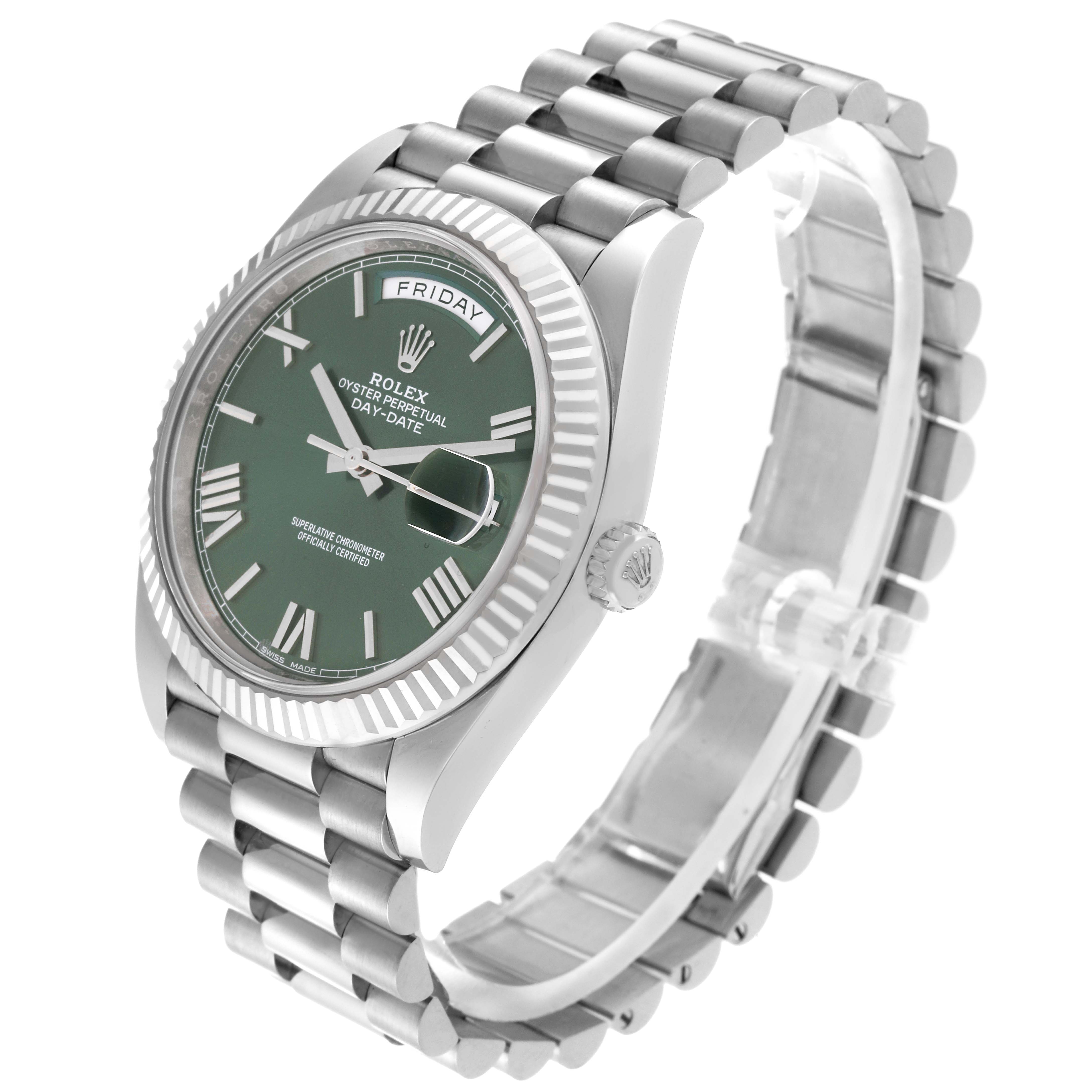 This image shows a Rolex President 228239 Men's White Gold Green Dial 228239 Men's White Gold Green Dial model watch at a three-quarter angle, displaying the face, crown, and bracelet.
