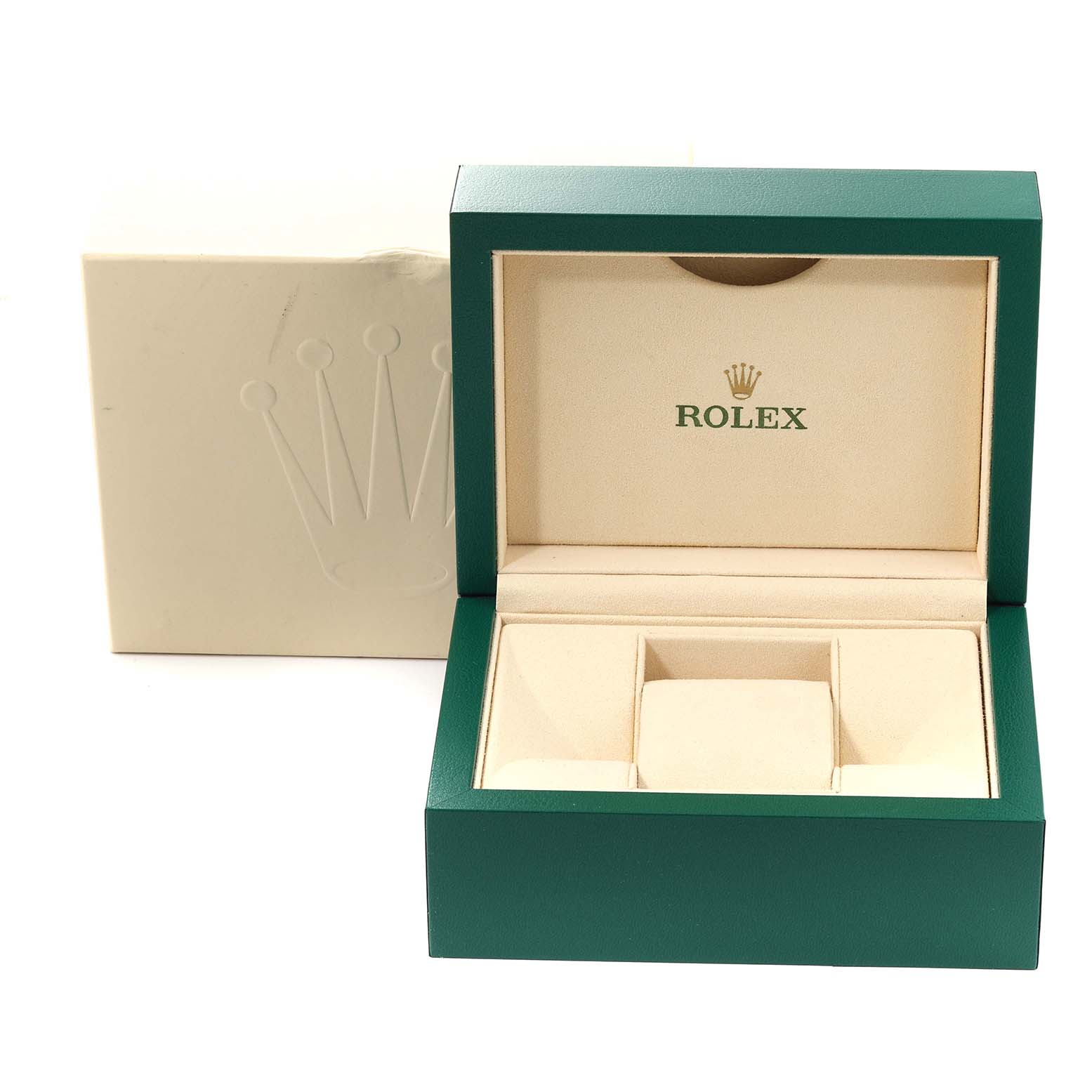 The image shows an open Rolex watch box for the President model, with a beige interior and green exterior, along with the outer box.