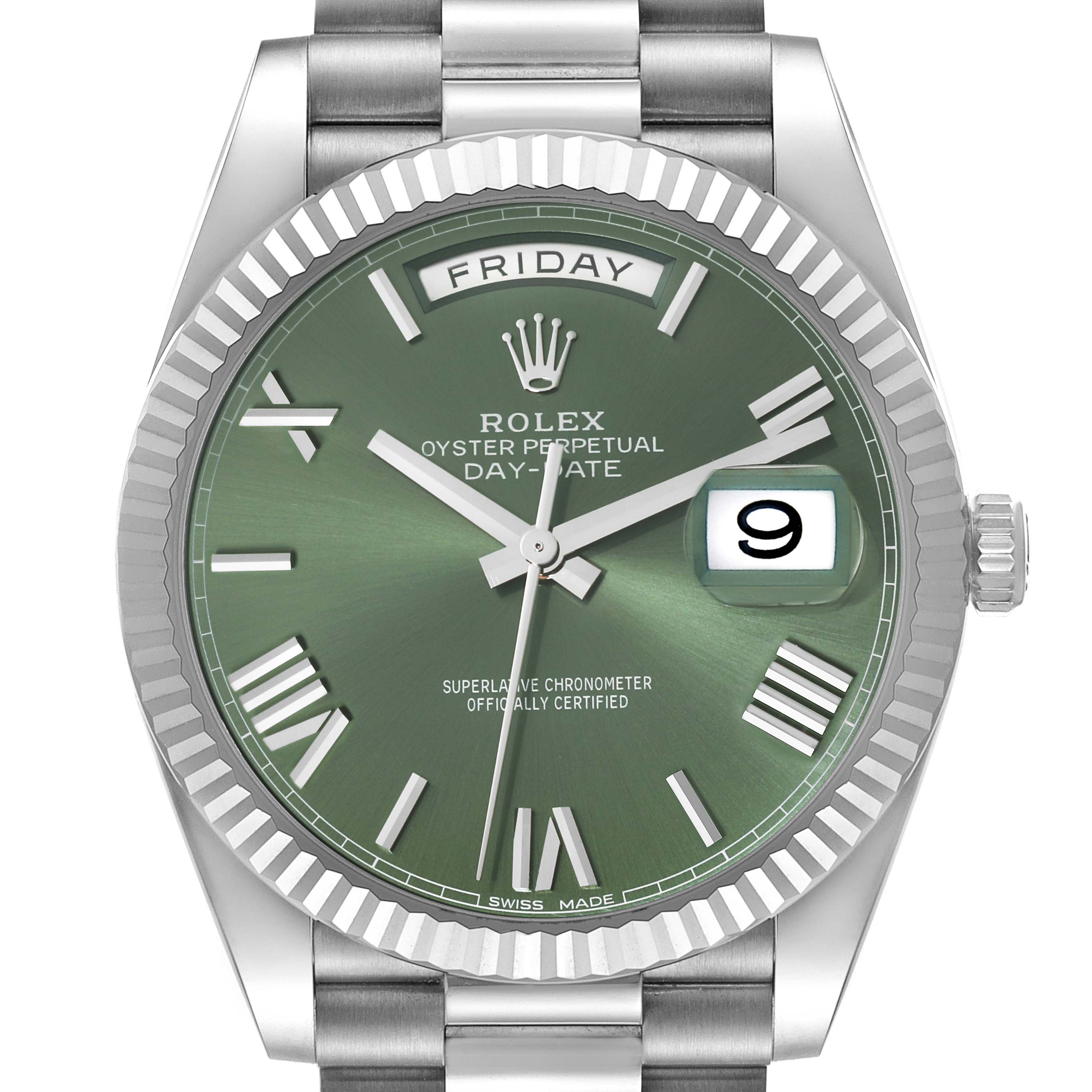 The image shows a close-up of the dial and part of the bracelet of the Rolex President 228239 Men's White Gold Green Dial 228239 Men's White Gold Green Dial Day-Date watch, highlighting the day and date features.