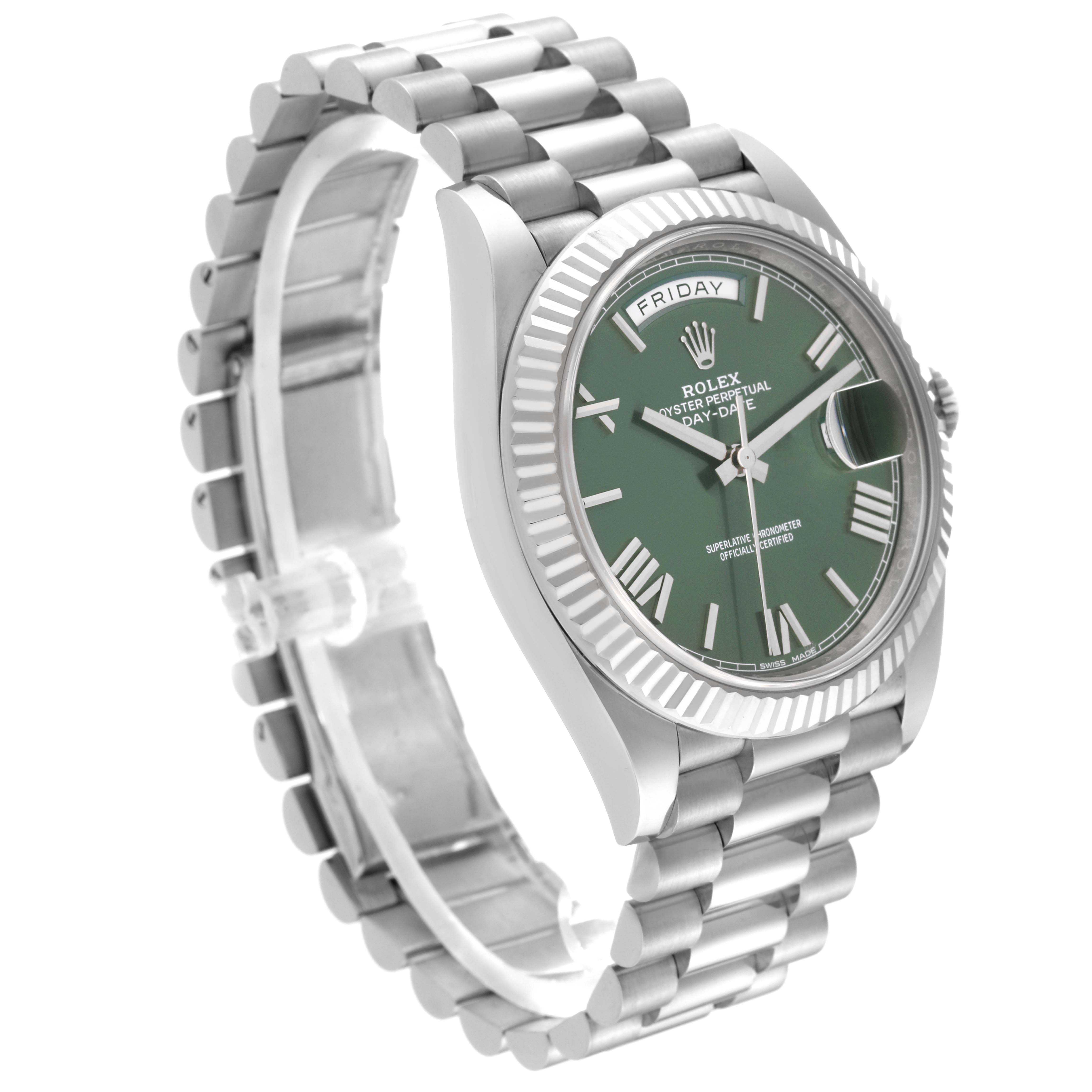 This image shows a side angle of the Rolex President 228239 Men's White Gold Green Dial 228239 Men's White Gold Green Dial model watch, highlighting its green dial and metal bracelet.