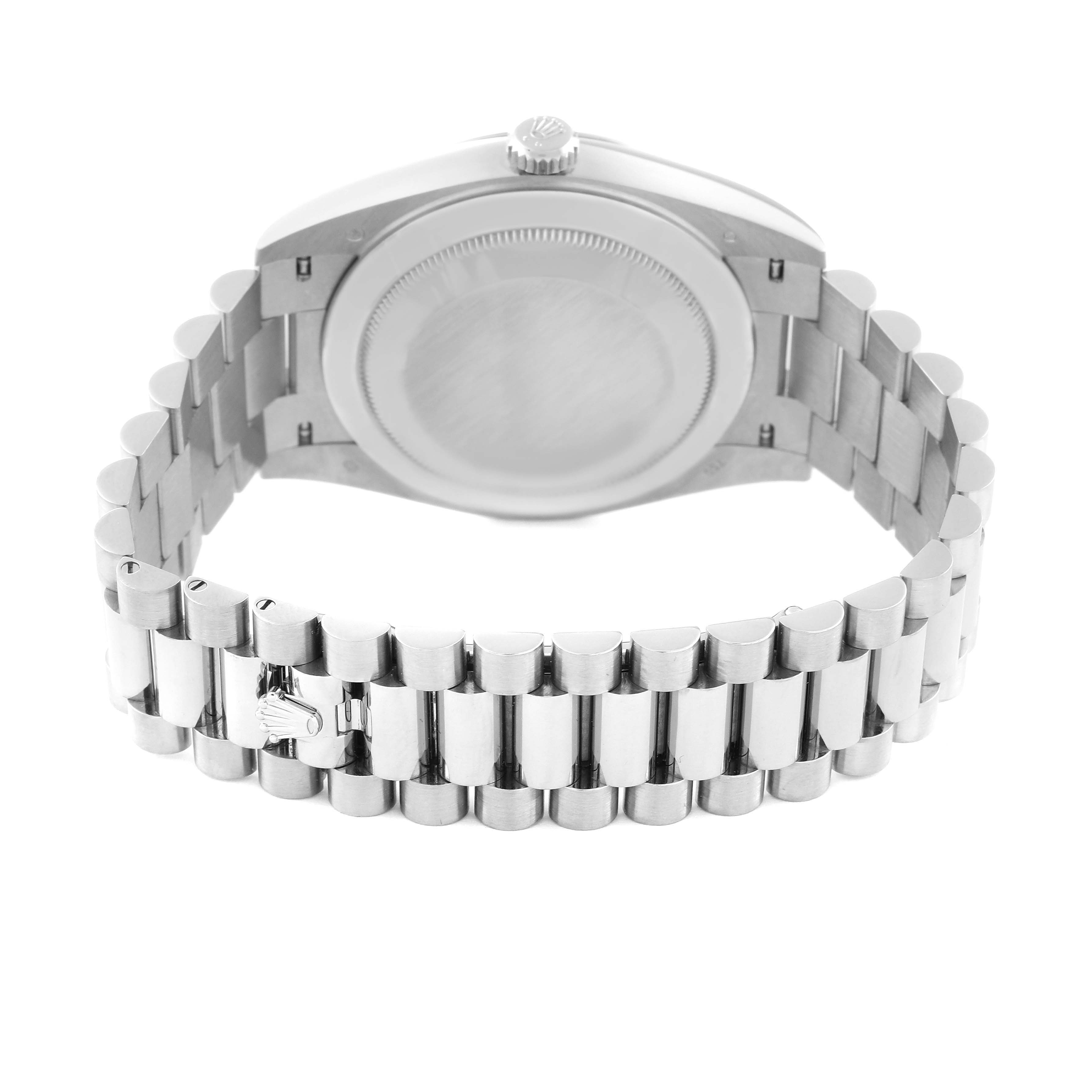 The image shows the back casing and President bracelet of the Rolex President 228239 Men's White Gold Green Dial 228239 Men's White Gold Green Dial model watch.