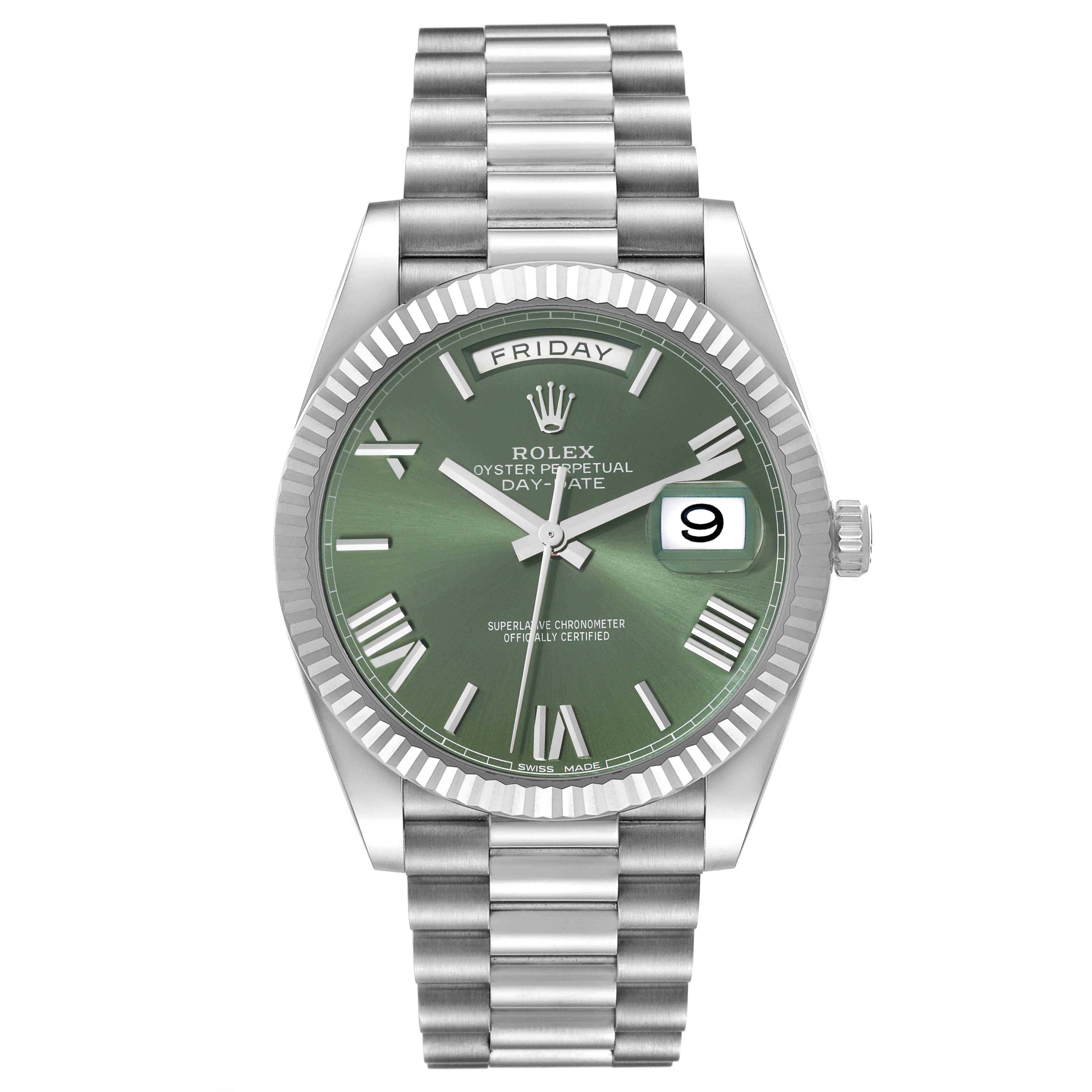 The image shows a front view of the Rolex President 228239 Men's White Gold Green Dial 228239 Men's White Gold Green Dial model watch, showcasing its green dial, fluted bezel, and day-date display.