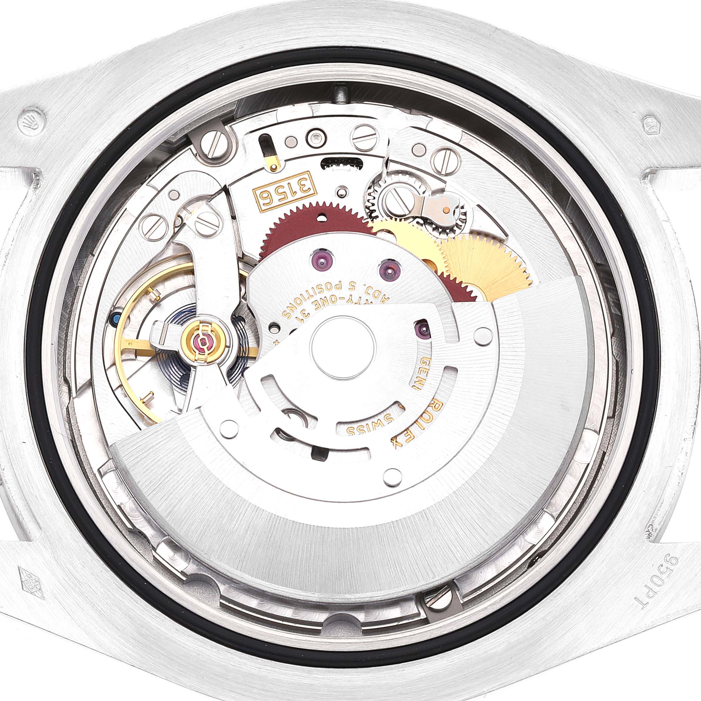 This image shows the inner mechanical movement of a Rolex President 218206 Men's Platinum Blue Dial 218206 Men's Platinum Blue Dial model watch from a back angle.
