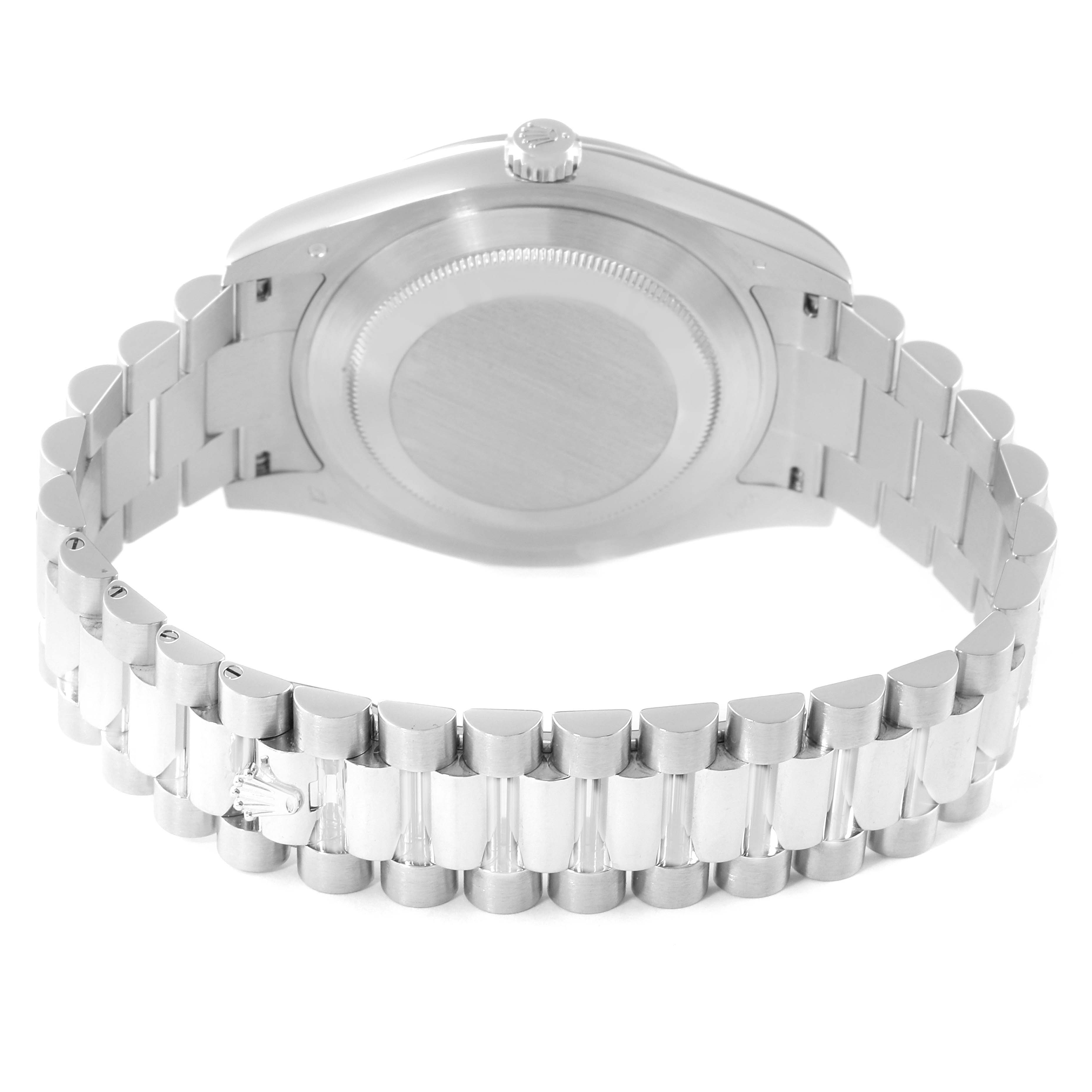 The image shows the back case and bracelet of a Rolex President 218206 Men's Platinum Blue Dial 218206 Men's Platinum Blue Dial model watch from a rear angle.